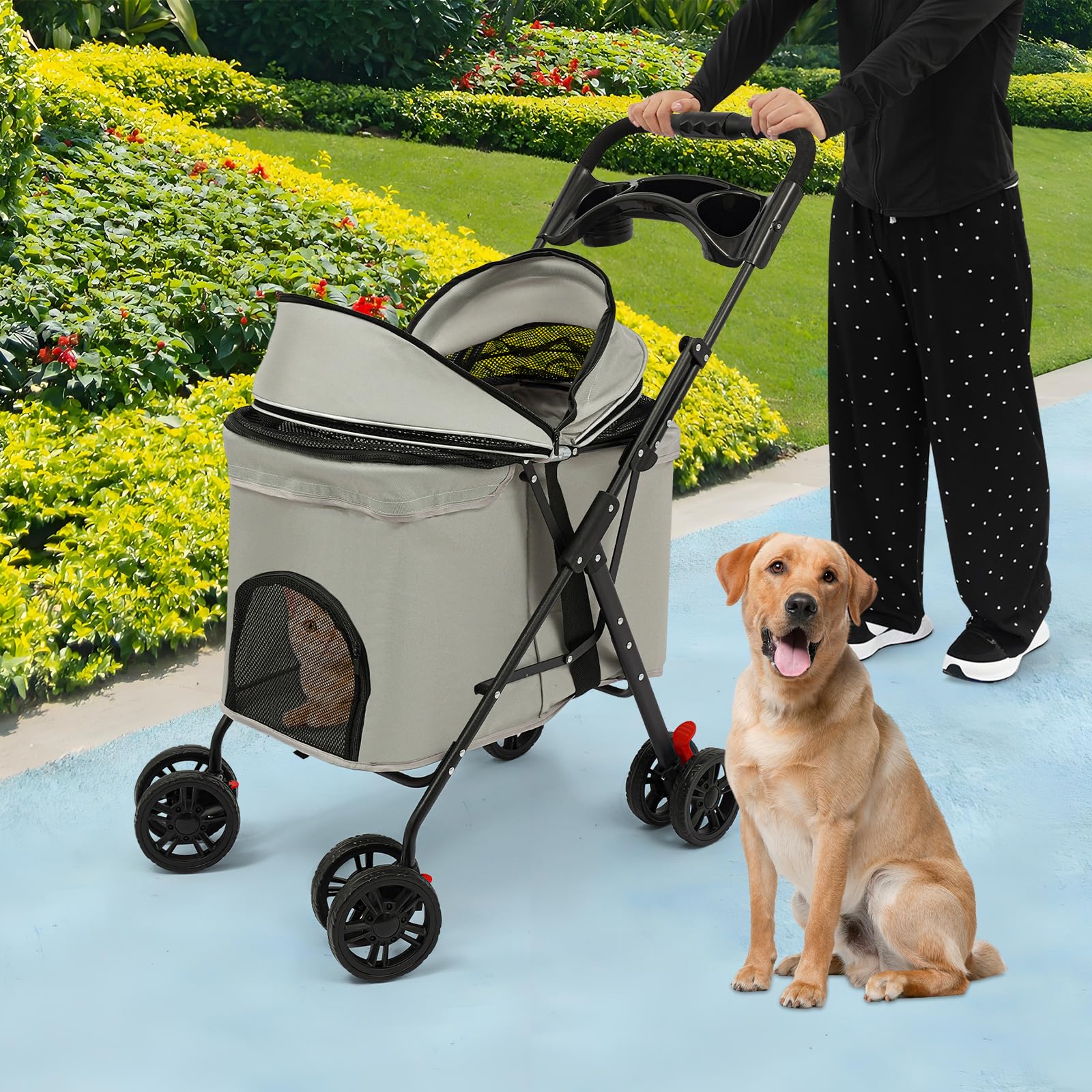 Passeggino pieghevole per animali domestici fino a 12,5 kg, 62 x 50 x 98 cm, cabina da 70 cm con tettuccio parasole, ruote anteriori a 360°, freni, finestra a rete e portabevande, per cani e gatti