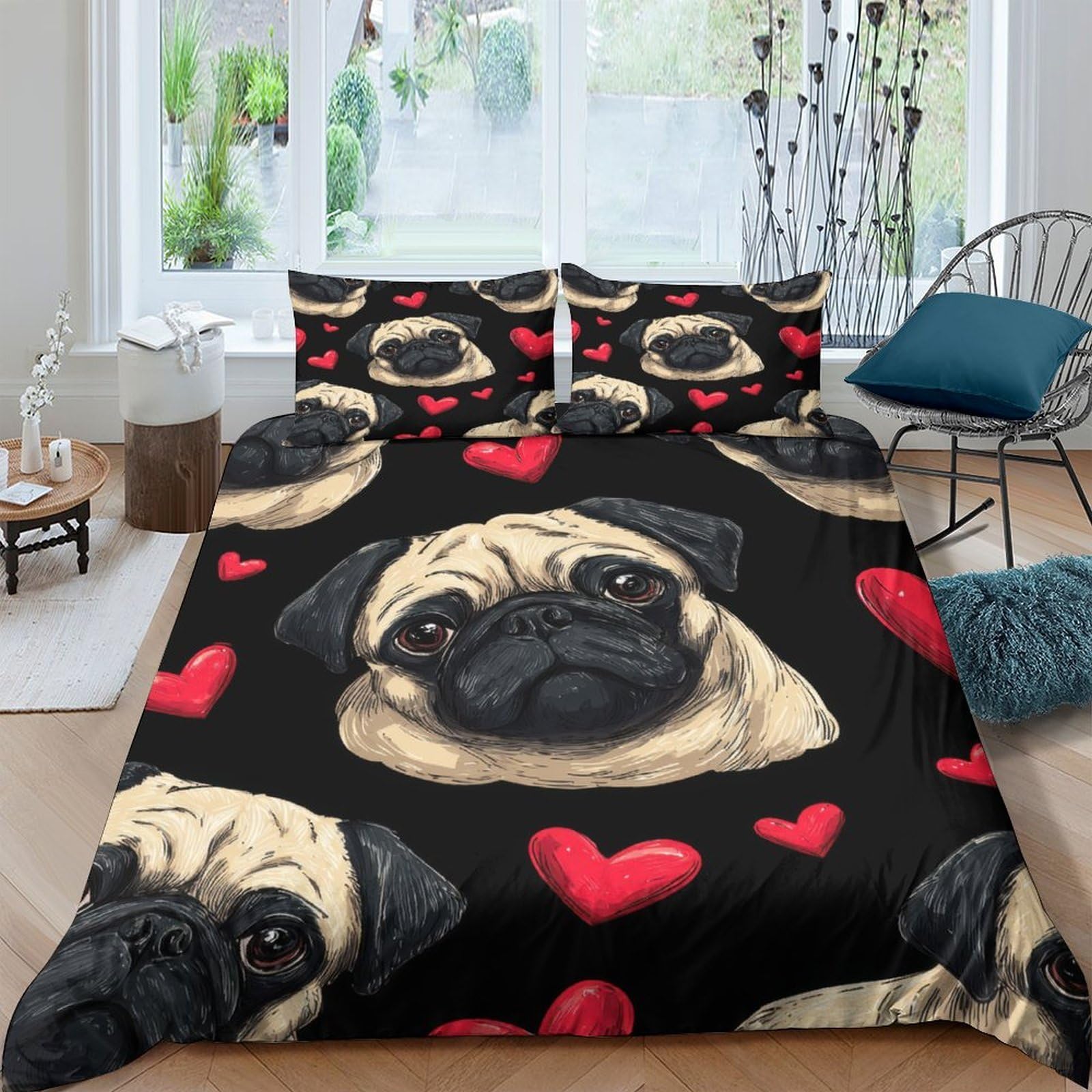TUFRTGYHN 3D Printed Pug Dog Heart Duvet Cover Set Microfiber Soft Breathable Bedding Set with 2 Pillowcases for Bedroom Decor Single（135x200cm）