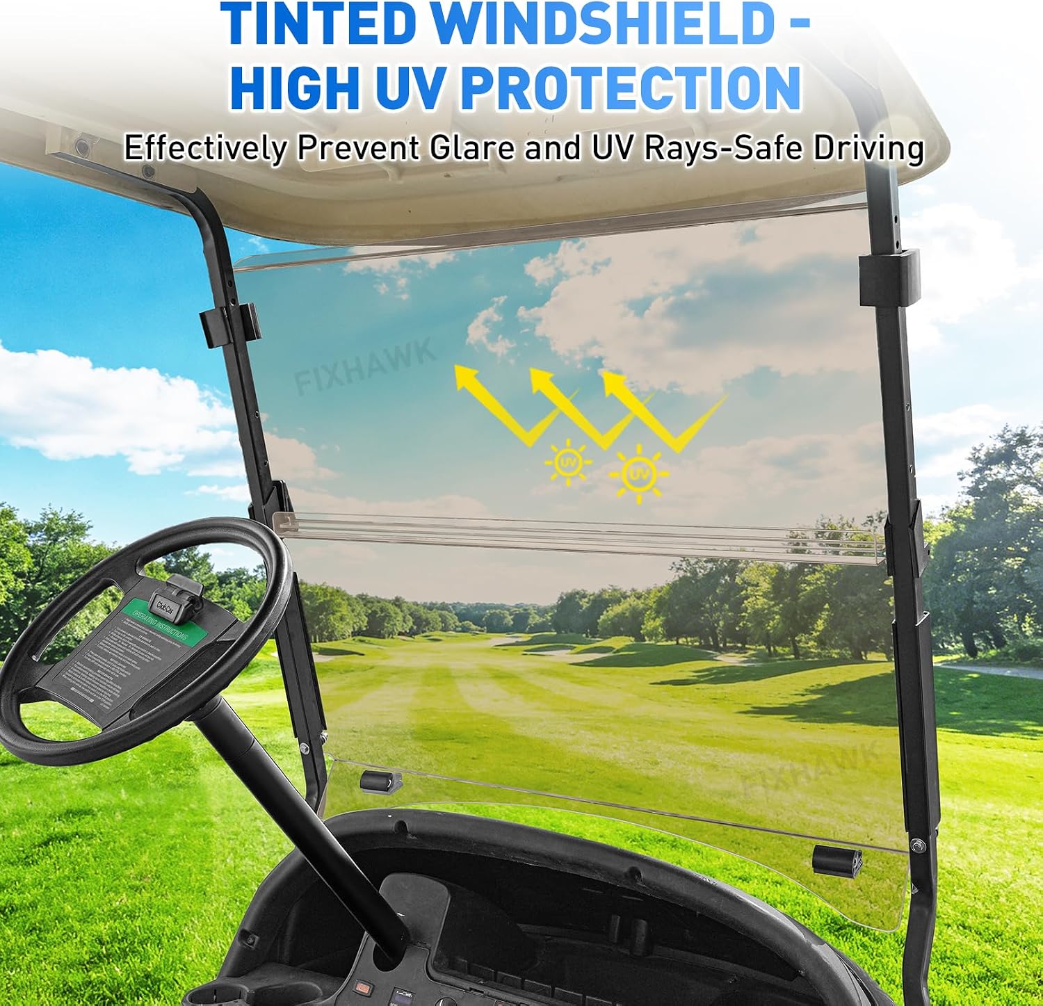 golf cart windshield for club car precedent,tempo,onward 2004-up gas/electric golf carts, foldable pc uv resistant club car windshield?tinted/clear? (37.59" w x 33.96" h)