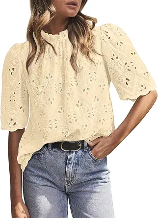 BETTE BOUTIK Womens Lace Tops 2025 Trendy Long Short Sleeve Eyelet Embroidered Dressy Casual Blouse Shirts