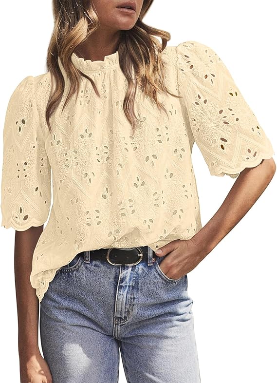 BETTE BOUTIK Womens Lace Tops 2025 Trendy Long Short Sleeve Eyelet Embroidered Dressy Casual Blouse Shirts