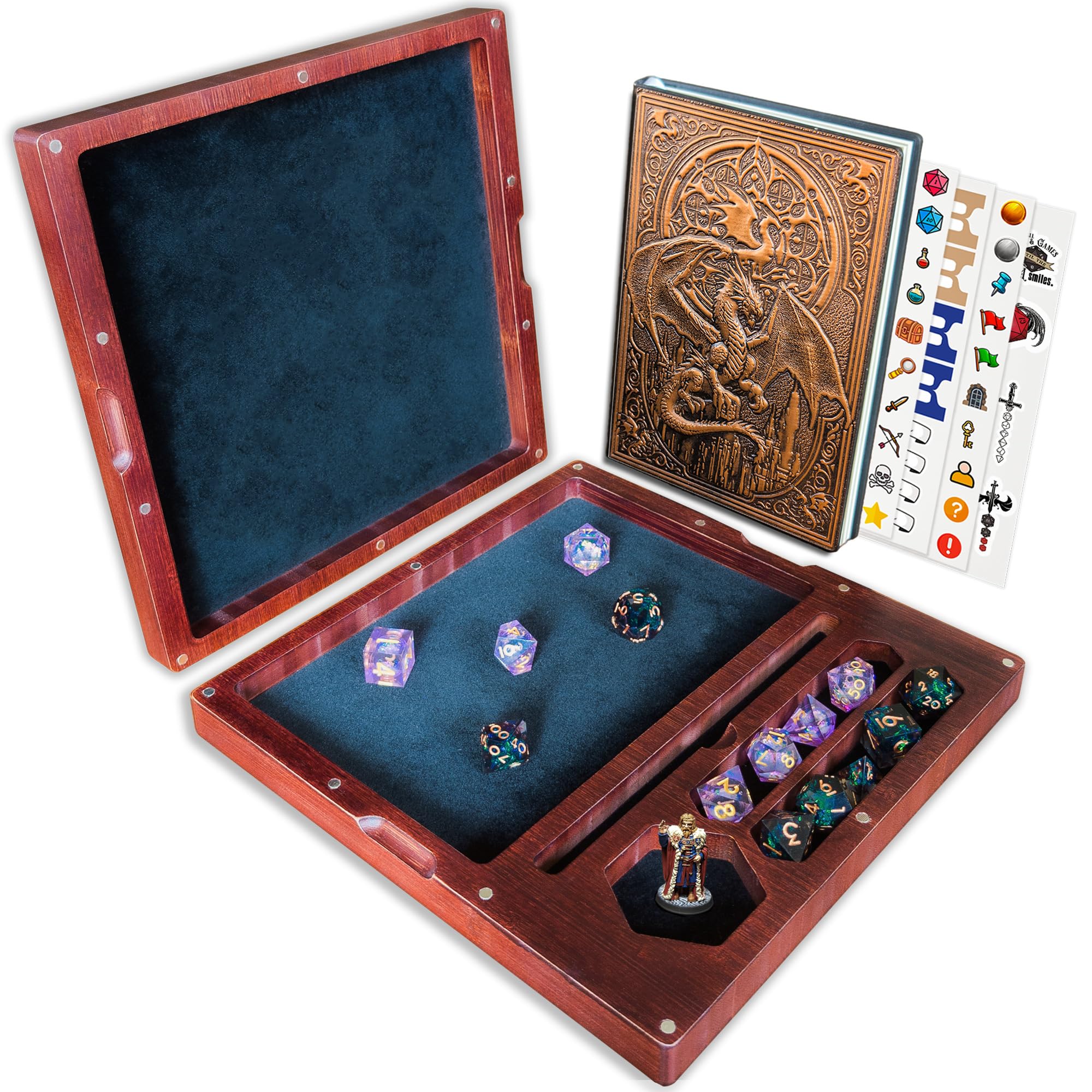 Wooden DND Dice Tray & DND Journal | Large D&D Dice Box with Double Rolling Tray & Storage – Fits 2 RPG Dice Sets, Miniature & Pencil (Dice Not Included) | Dungeons & Dragons Accessories & Gifts