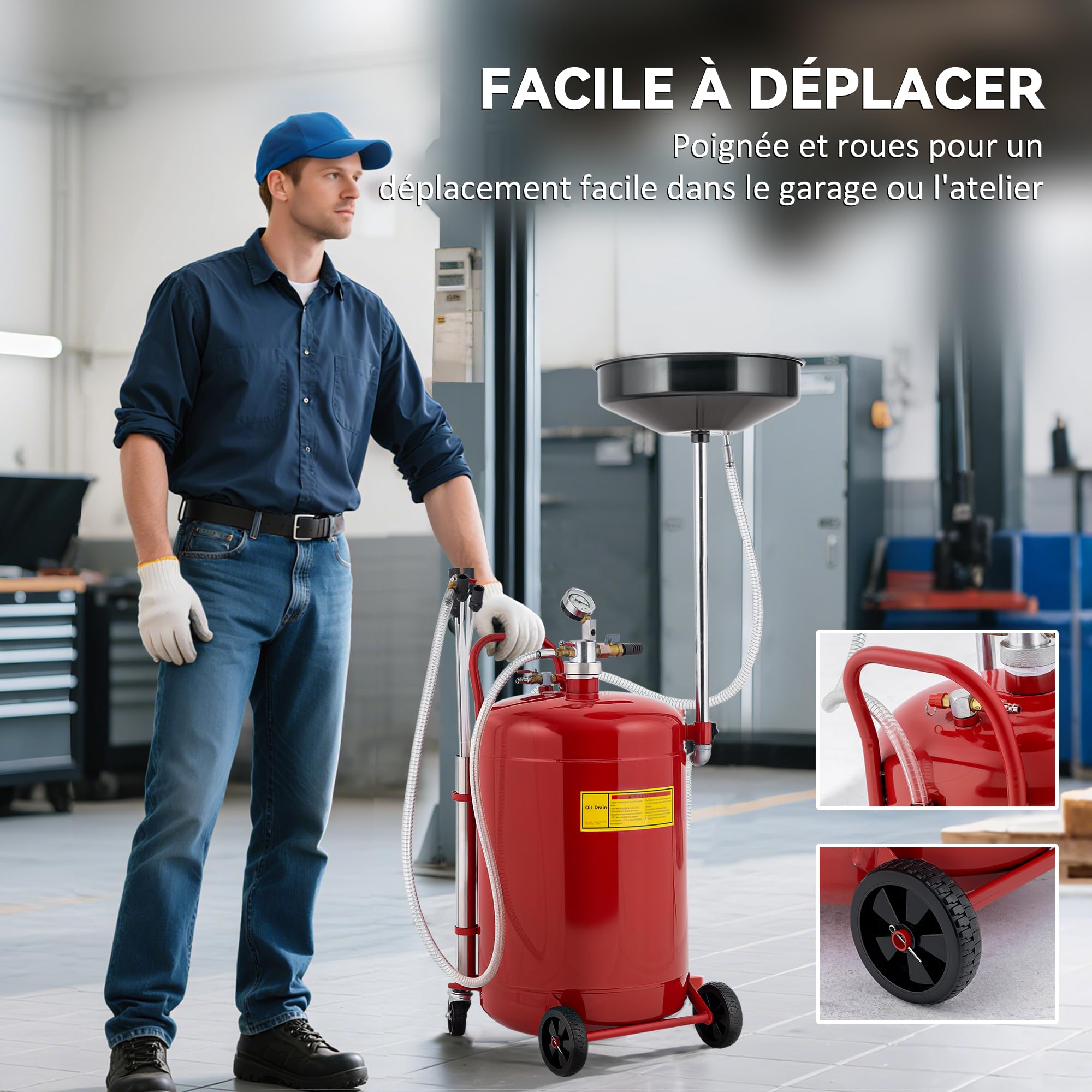 HOMCOM Récupérateur de Vidange d'Huile Usagée 80 L Hauteur 101-141 cm Rouge | Hauteur Réglable, Chariot Récupération Huiles Portable, avec Roues et Poignée