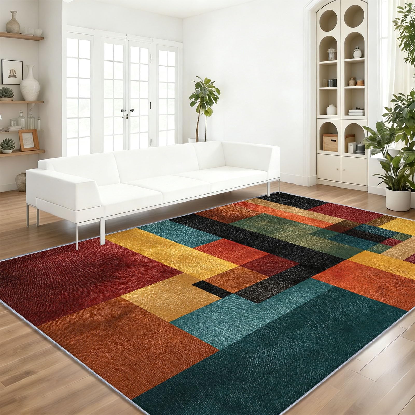 Dywan można prać w pralce, 160 x 230 cm, kolorowy dywan z niskim runem z antypoślizgowym spodem, nie gubi włosia, do salonu, sypialni, kuchni, jadalni - abstrakcyjna geometryczna tekstura, prostokątne
