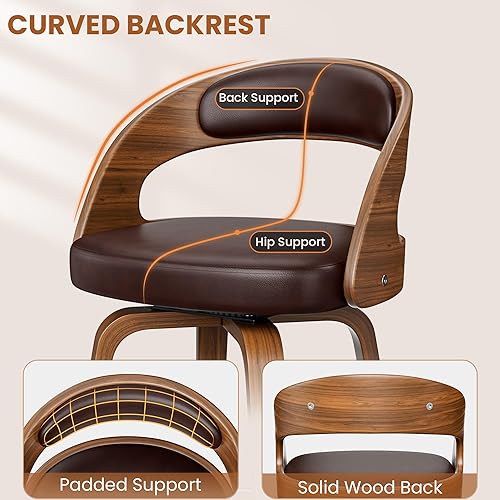 Miniatura 7 de Juego de 2 taburetes de bar de 26 pulgadas de altura de mostrador con patas de madera curvada, taburetes giratorios con respaldo, taburetes de bar