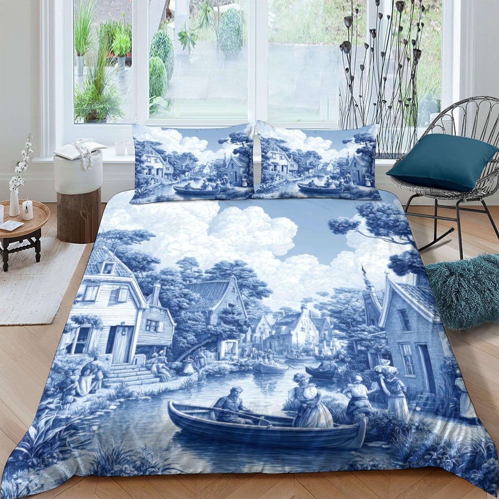 Ctjqhvkz Style-4 3D Printed Vintage Canal Scenery Fitted Sheet Microfiber Soft Blue Artistic Bed Cover For Bedroom Guestroom Decor Single（135X200cm）