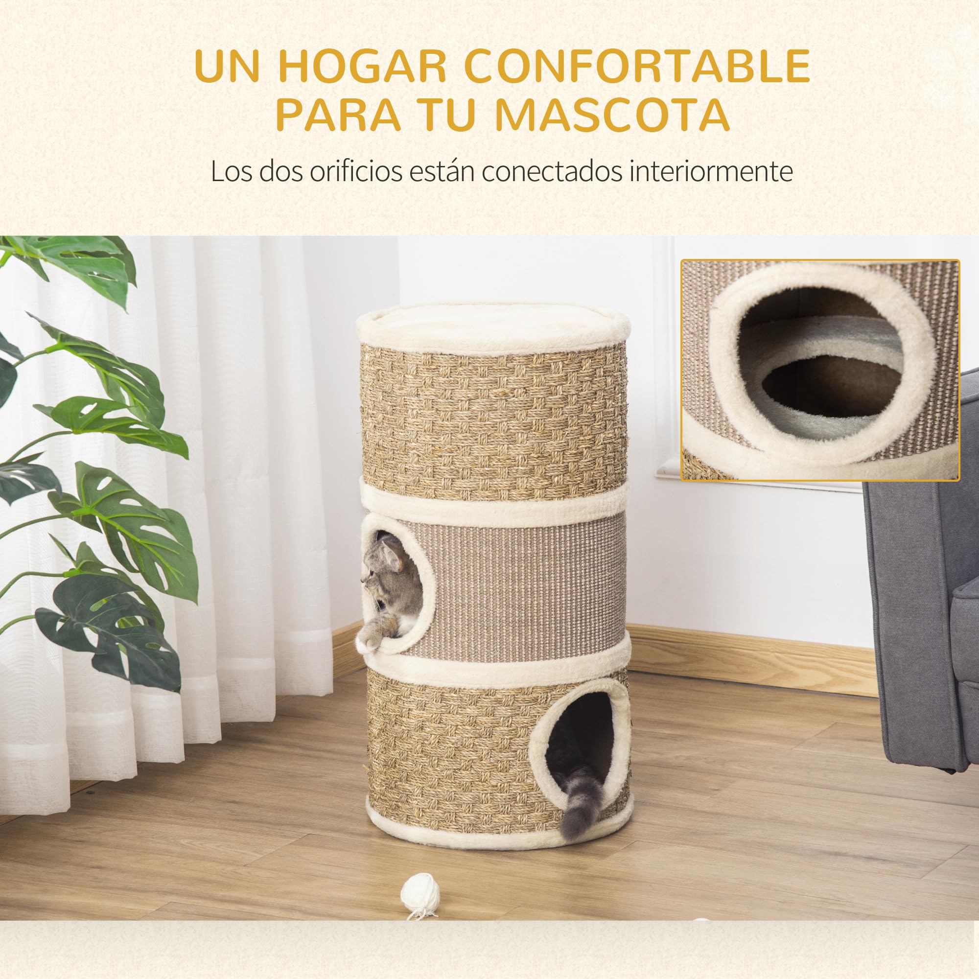 PawHut Barril Rascador para Gatos de 3 Niveles, Altura 70 cm, Torre para Gatos con Cama, Cubierto de Sisal, Árbol Rascador, Ø37,5x70 cm, Caqui y Café