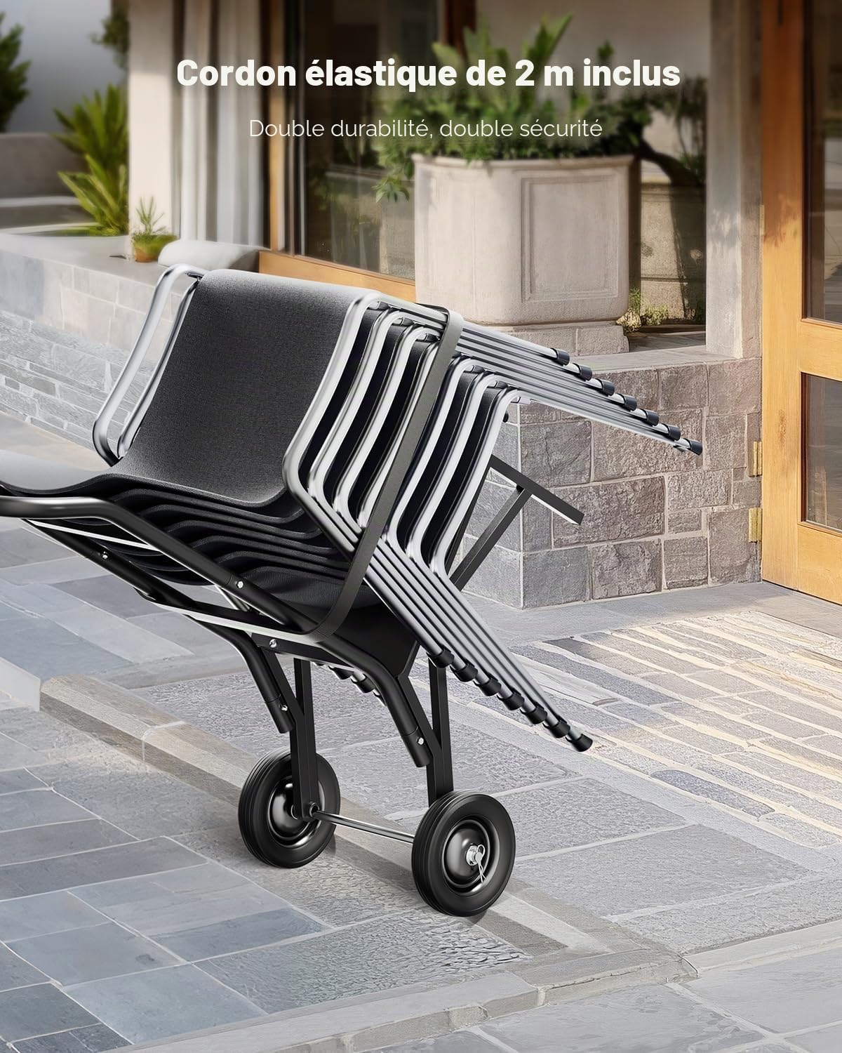 VEVOR Chariot de Chaise Pliante, Capacité de Charge 68 kg, Support Robuste pour Empiler 10 Chaises, Organiseur de Rangement Multifonction Métal à Pousser avec roulettes, pour Salle à Manger, Noir Mat