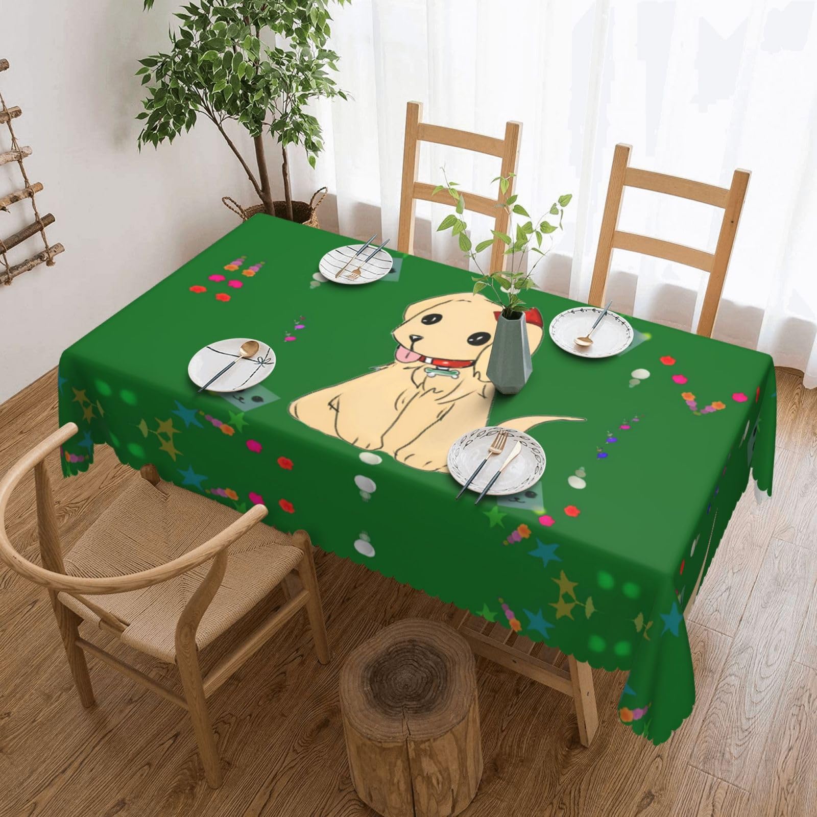 QAZWZML Cartoon dog on grass Printed tablecloth, made of thick polyester with lace trim, suitable for dining rooms, picnics, and weddings