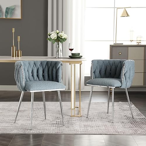 Miniatura 7 de Homtique Boucle - Juego de 2 sillas de comedor tapizadas tejidas con patas de metal plateado, sillas decorativas modernas para comedor, sala de