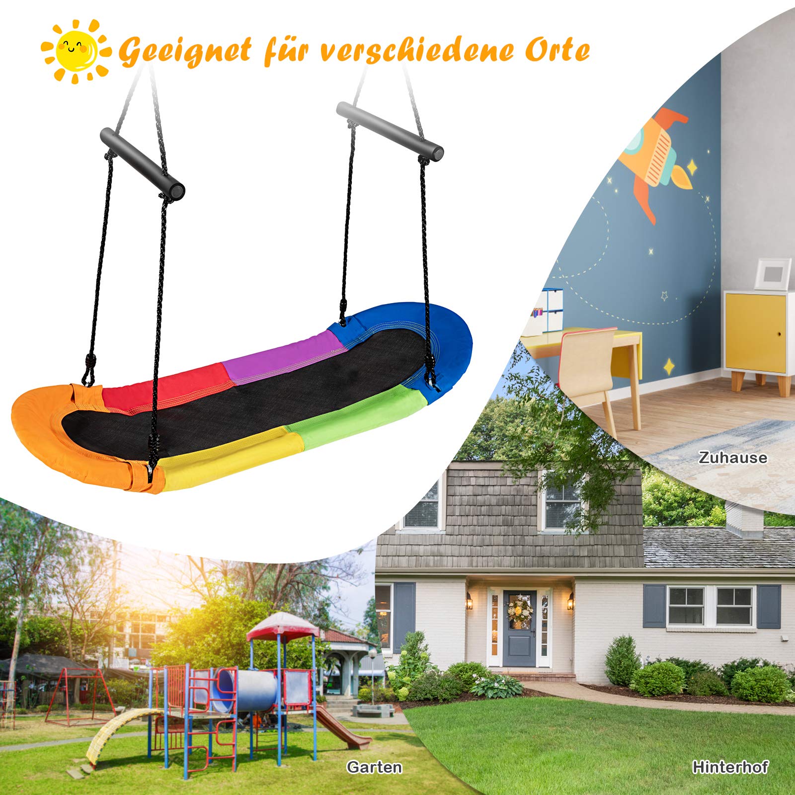 COSTWAY Nestschaukel oval, Skateboard Schaukel mit Griffen, Kinderschaukel bis 150 kg belastbar, Outdoor Mehrkindschaukel, Baumschaukel, Gartenschaukel für Kinder & Erwachsene (Bunt)