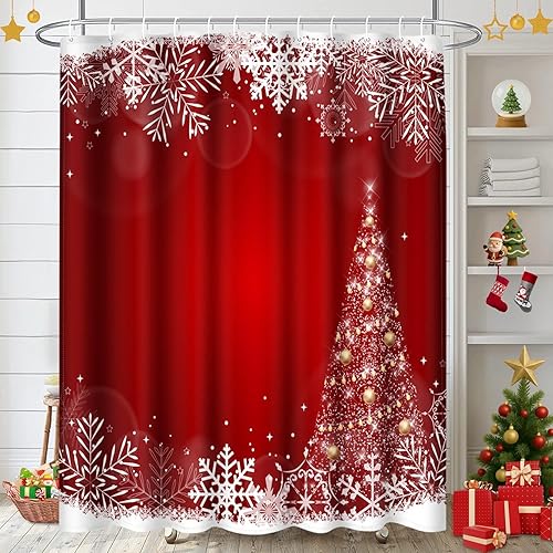 Miniatura 23 de ArtSocket Juego de baño de árbol de Navidad con cortina de ducha y accesorios de alfombras, juego de cortinas de ducha rojas a cuadros búfalos