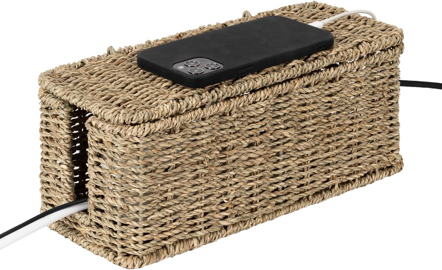 StorageWorks Caja de organización de cables, organizador de cables de mimbre con 2 ranuras para ocultar cables y regleta de alimentación, caja