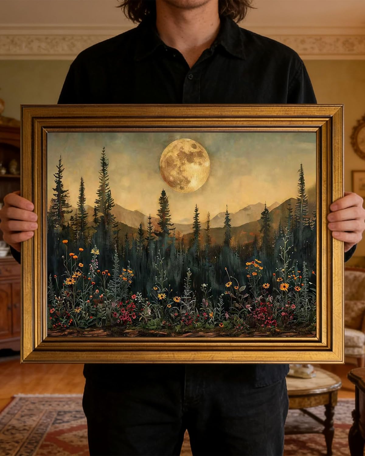 Gold Framed Vintage Wall Art for Room Decor Moon Forest Wall Dark Woodland Wildflower Canvas Prints Painting for Living Kitchen Bathroom Bedroom Desktop Artwork 12x16 Inch