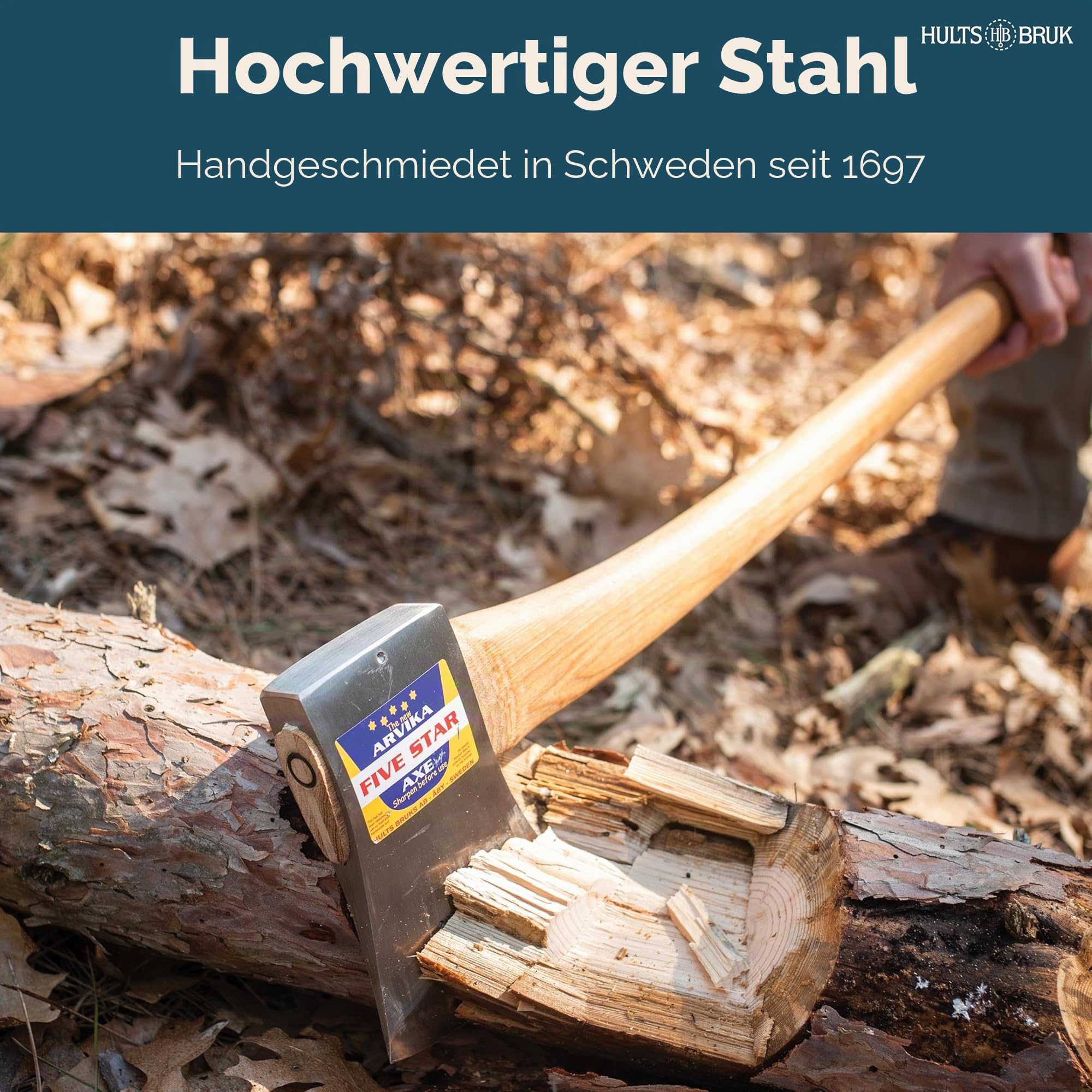 Hultafors Arvika 5 Star Axt, 800 mm | Handgeschmiedeter schwedischer Stahl | Gebogener Hickory-Stiel, 2000 g | Wettkampf-Axt für intensives Fällen I 840511