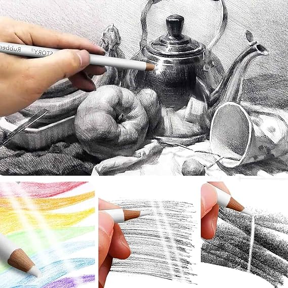 6PCS Eraser Pencil for Artists,Highlight Eraser Pencil Charcoal Drawings,Wooden Sketch Precision Pencils for Sketching Charcoal, Revise Erasing, 6.7 Inch, White