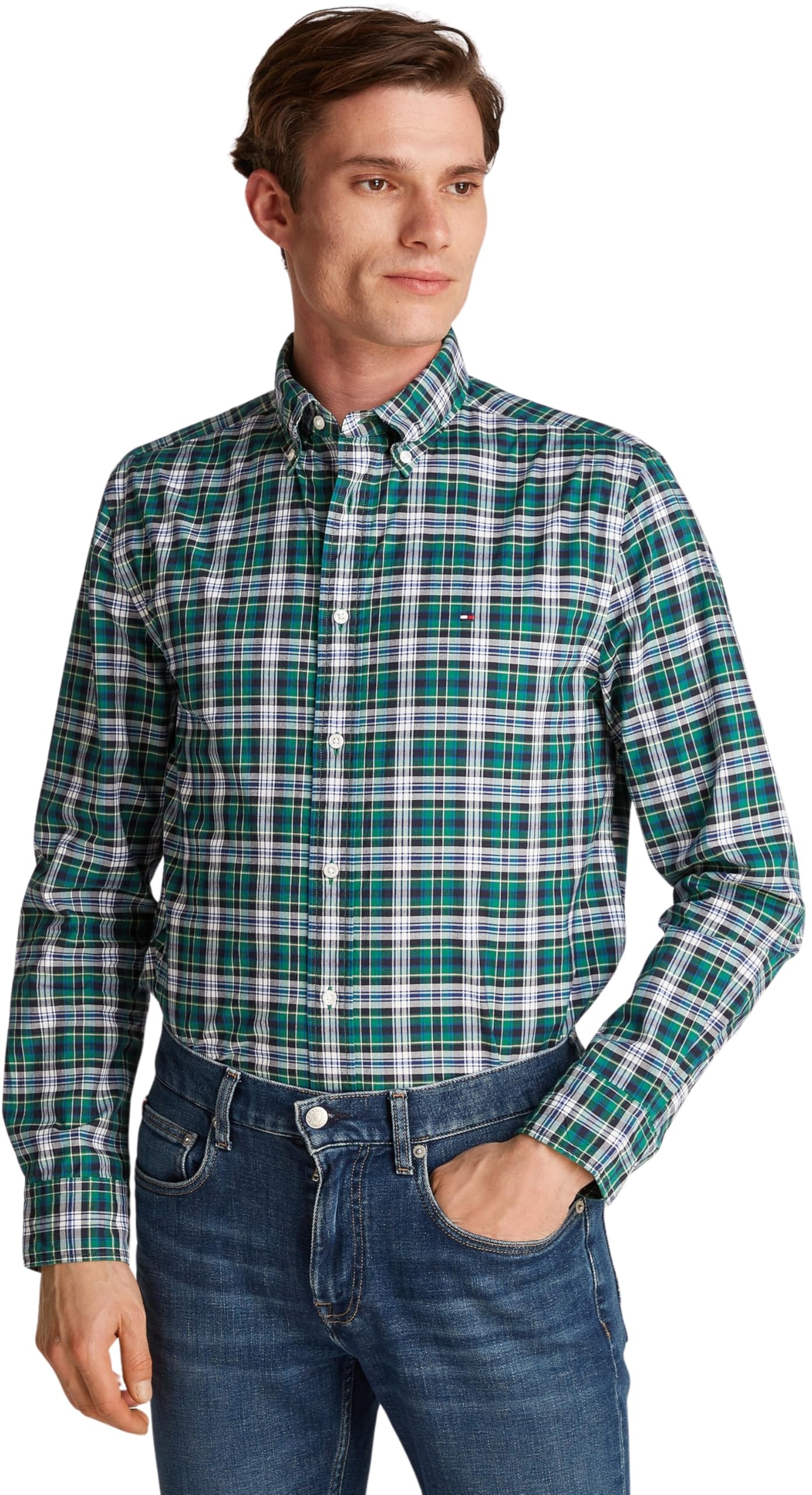 Tommy Hilfiger Męska koszula Flex POPLIN Plaid Small RF MW0MW37557 L/S Koszula, Zielona, XS, Zielony (Nouveau Green/Allover), XS