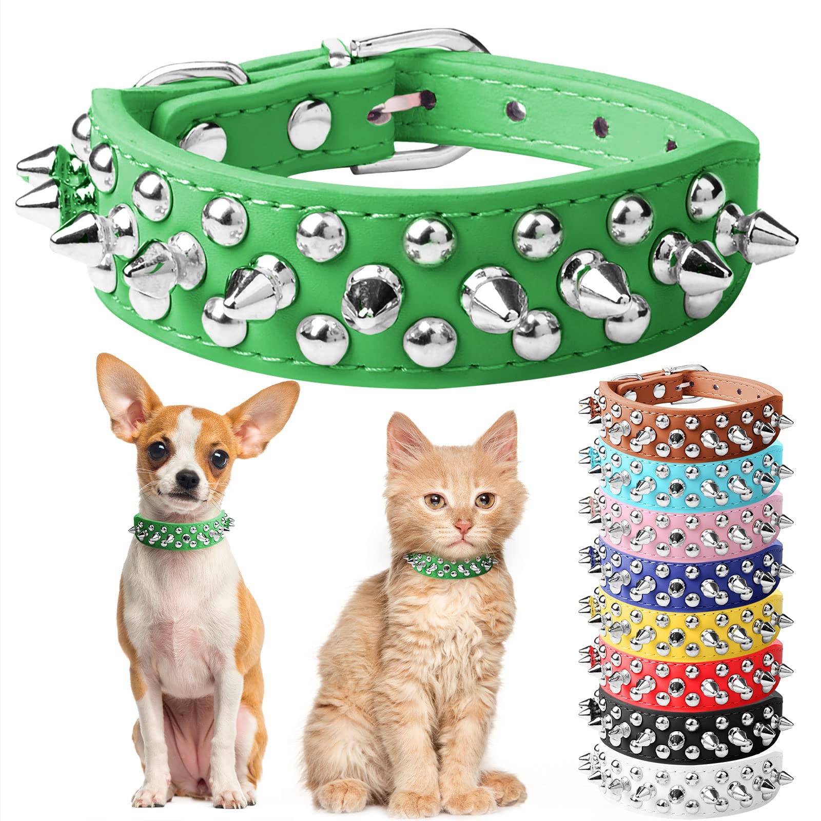 Spiked Dog Cat Collar Female Male Green Soft Leather Spike Puppy Collars Adjustable Mushroom Anti Bite Studded Small Dog Collars for Chihuahua Yorkshire Shihztu Poodle Pit Bull (Green,XS)