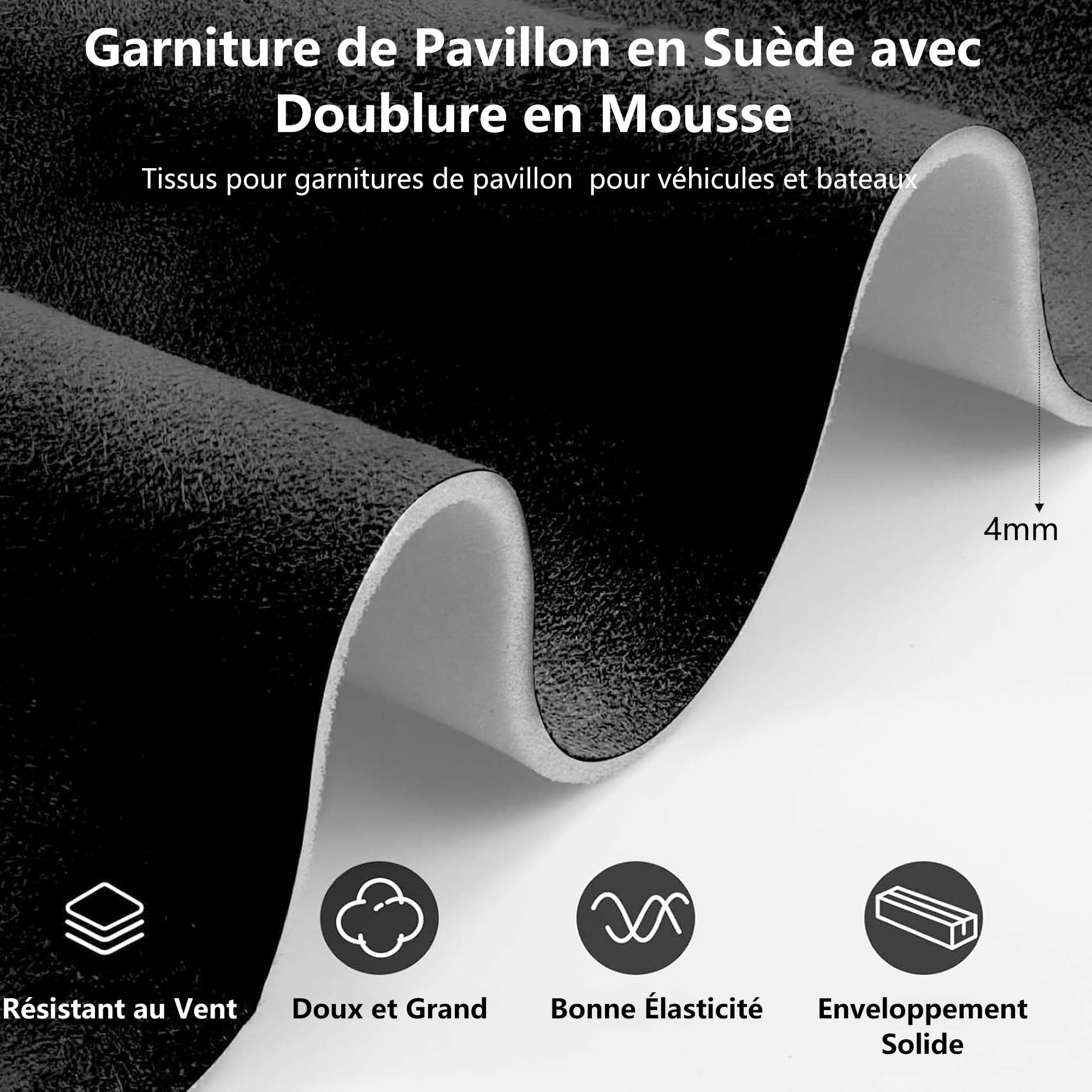 uyoyous Tissu Ciel de Toit Voiture, Rrevêtement Intérieur avec Doublure | en Mousse de 4 mm, Tissu en Daim Noir 150 x 250 cm Tapisser Toit et Porte de Réparation pour Voiture Caravane Bateau