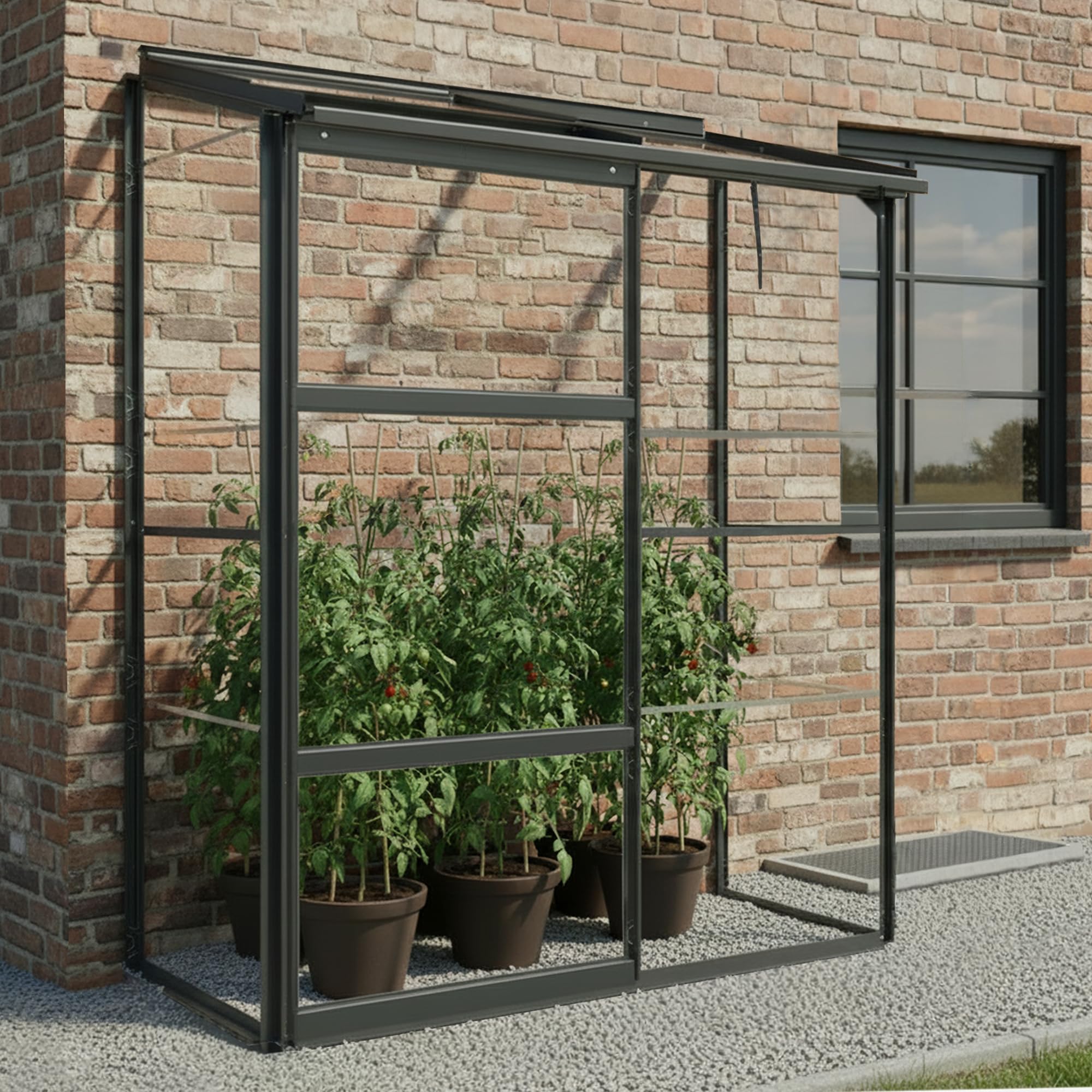 Gewächshaus Glas 0,9 m² Aluminium Rahmen mit Schiebetür | Premium Wand-Gewächshaus schwarz Temperaturkontrolle Aufstellfenster | Tomaten- und Anzuchtgewächshaus 130 x 68 x 173 cm (B x T x H)