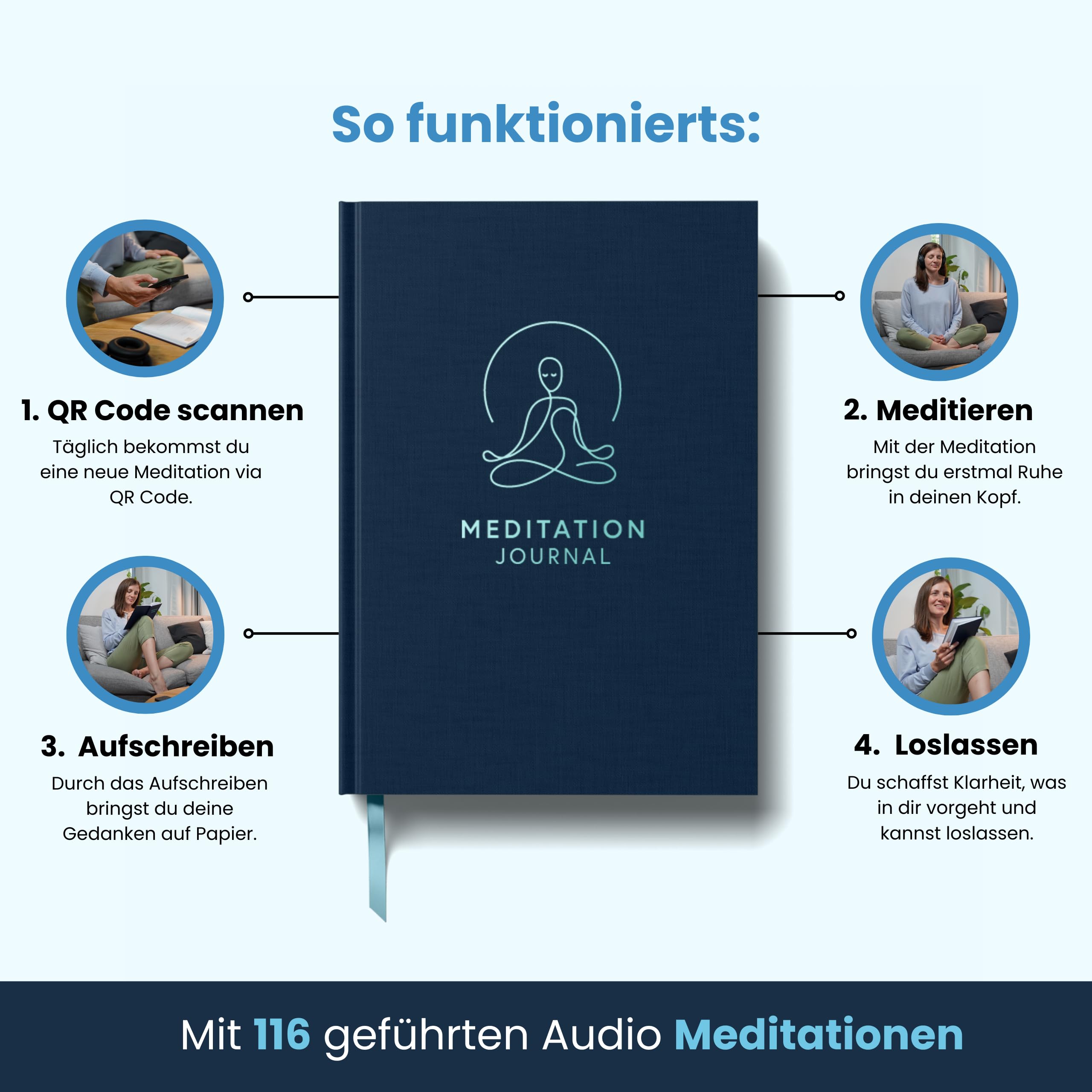 Dankbarkeitstagebuch (116 Meditationen per QR-Code) | Achtsamkeitstagebuch & Meditation Journal – Tagebuch für Erwachsene – für Anti Stress Routine, Selbstreflexion & Entspannung