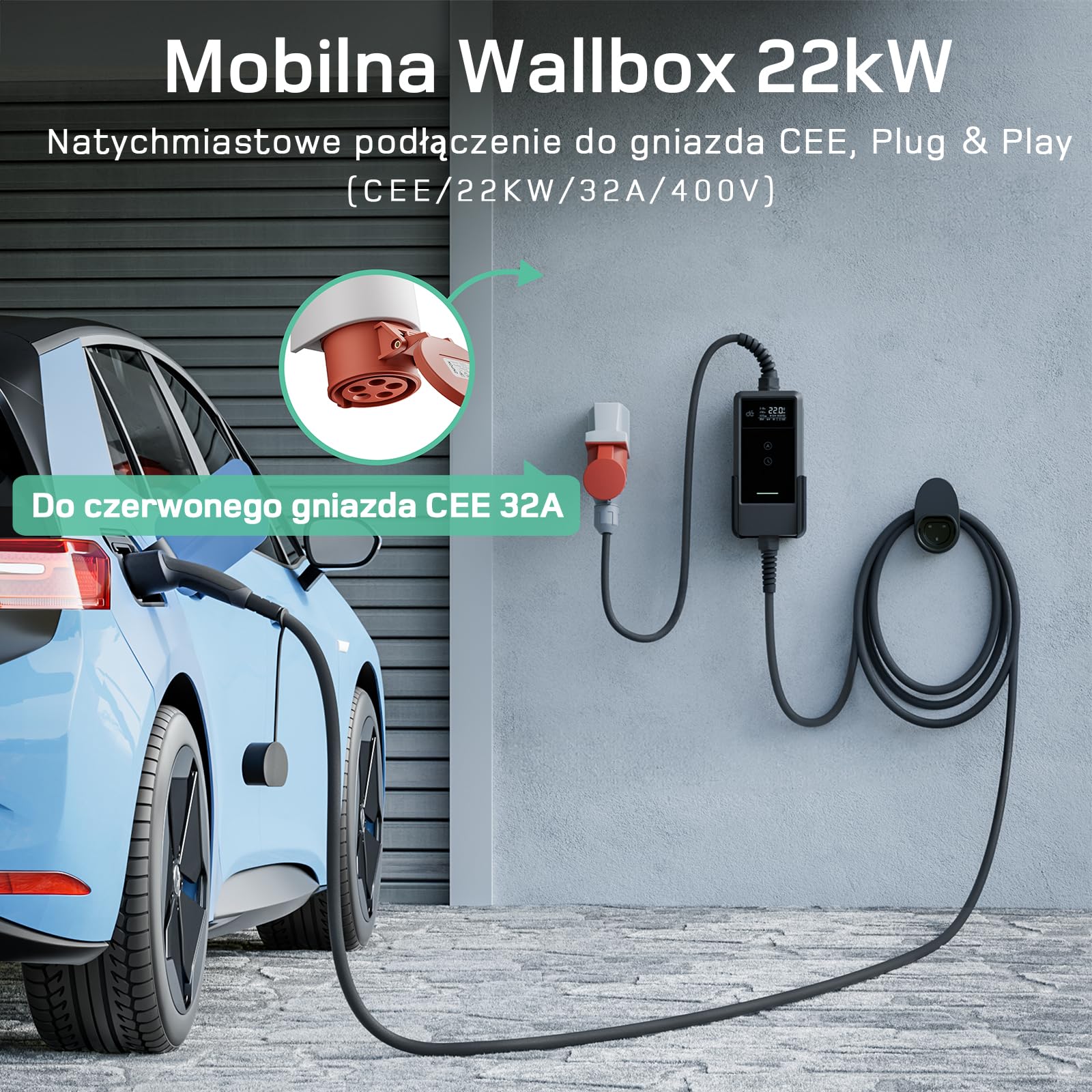dé Ładowarka Mobilna 22kW, z Aplikacją [3-Fazowa, 7m, 6-32A] z Licznikiem Prądu, Kablem do Ładowania CEE 32A na Typu 2 i Ładowarką EV do modeli Y, E-208, 500e i innych EV/PHEV