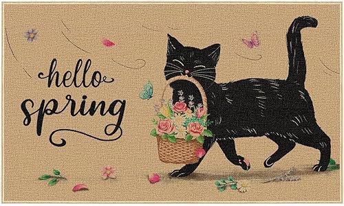 Louise Maelys Felpudo para puerta de Pascua de 17 x 29 pulgadas, goma antideslizante, felpudo de bienvenida de Pascua con gato negro, decoración de