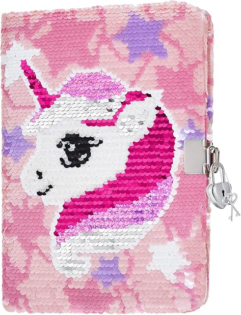 Sequins Notebook - Reversible Unicorn Journal Gift for Kids Girls Private Secret Dairy with Lock and Keys School Travel Supplies A5 Sketchbook