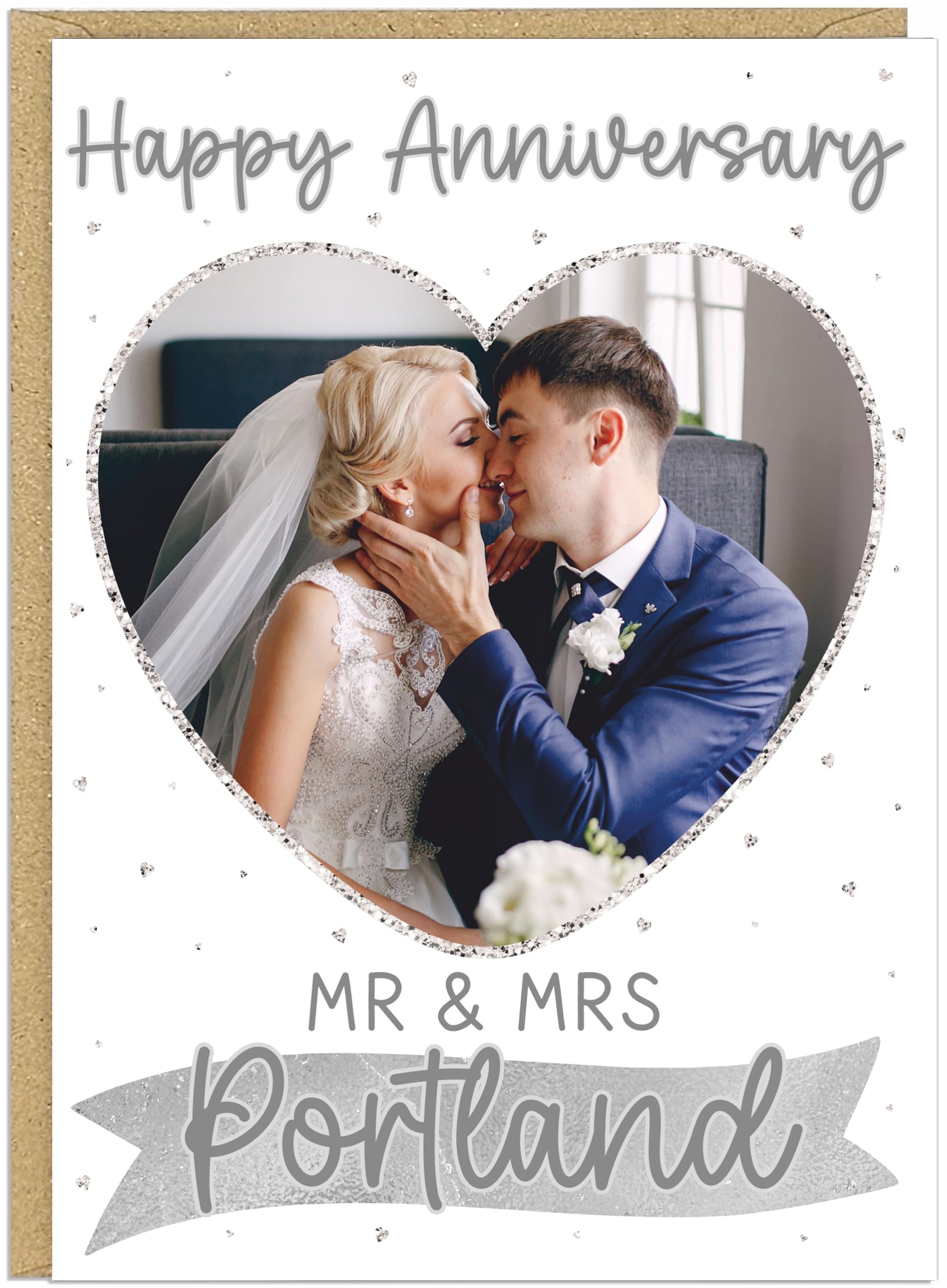 Happy Wedding Anniversary Personalised Cards Custom Mr & Mrs Surname Upload Own Photo Heart Frame Happy Anniversary Keepsake for Couples Husband Wife A5 (Silver)