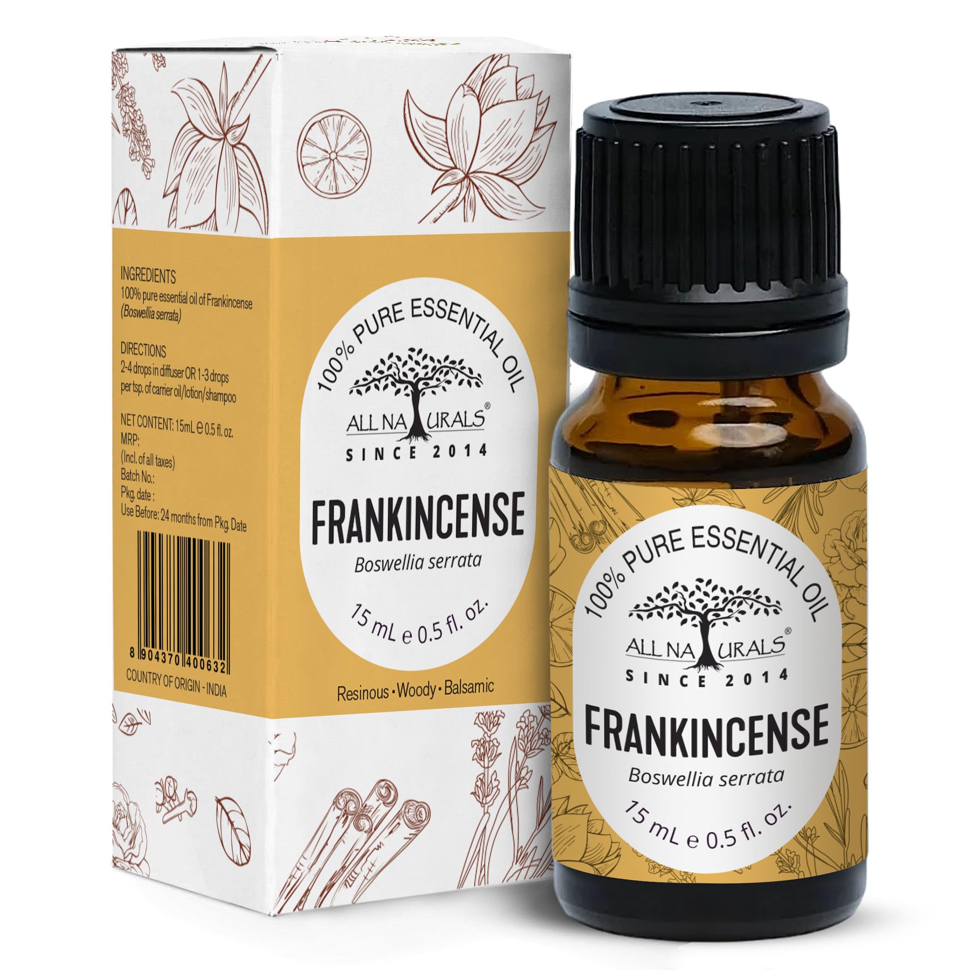 All Naturals 100% Pure Frankincense Essential Oil - 15ML for Aging Skin, Fine Lines, Sprituality & Aroma