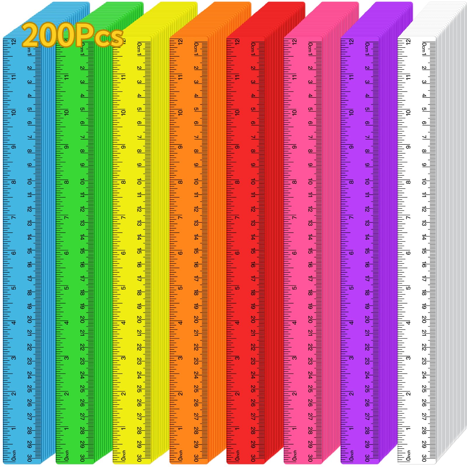 Kunststoff-Lineale in 8 verschiedenen Farben, transparente Lineale mit Zoll, Zentimeter und Millimeter, langlebige ABS-Schullineal für Kinder, Klassenzimmer, Büro, Zuhause, Schulbedarf, 200 Stück