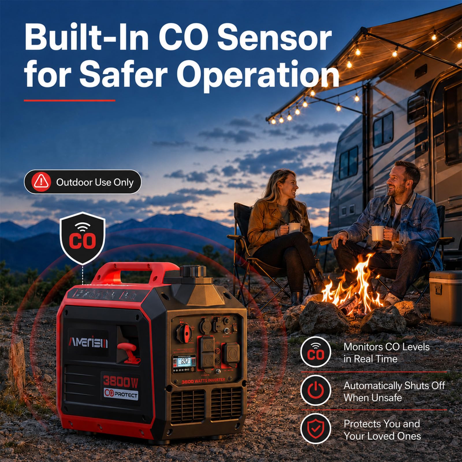 AMERISUN Generatore inverter portatile alimentato a gas da 3800 W, generatore silenzioso con sensore CO modalità ECO, capacità parallela, lunga durata, conforme EPA per tailgating casa campeggio uso