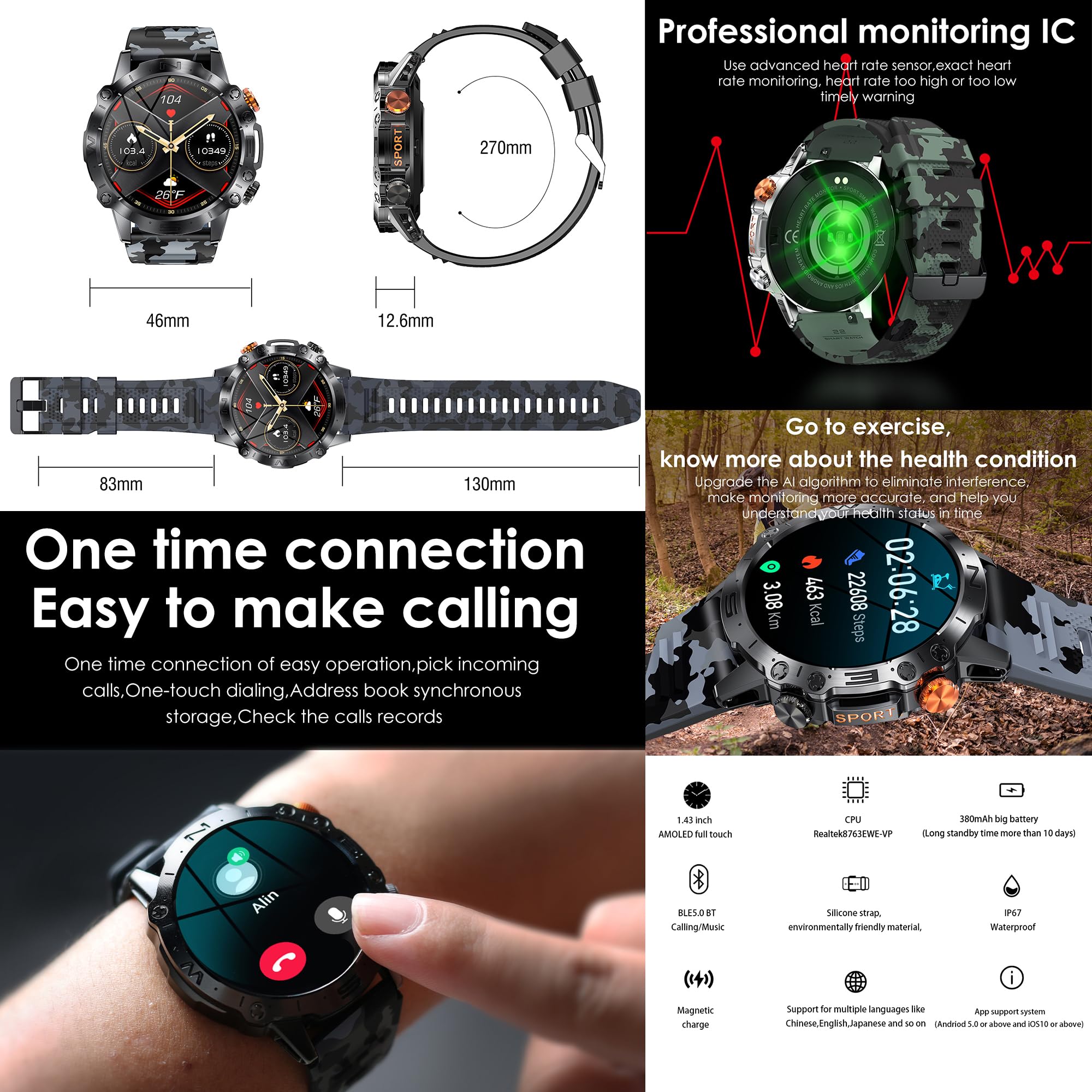 Smartwatch Męski, Inteligentny Zegarek Który Może Wykonywać i Odbierać Połączenia, 1,43” AMOLED Fitness Tracker 123 Sportowych Wodoodpornością Asystent Głosowy AI dla telefonów z Android iOS (czarny)