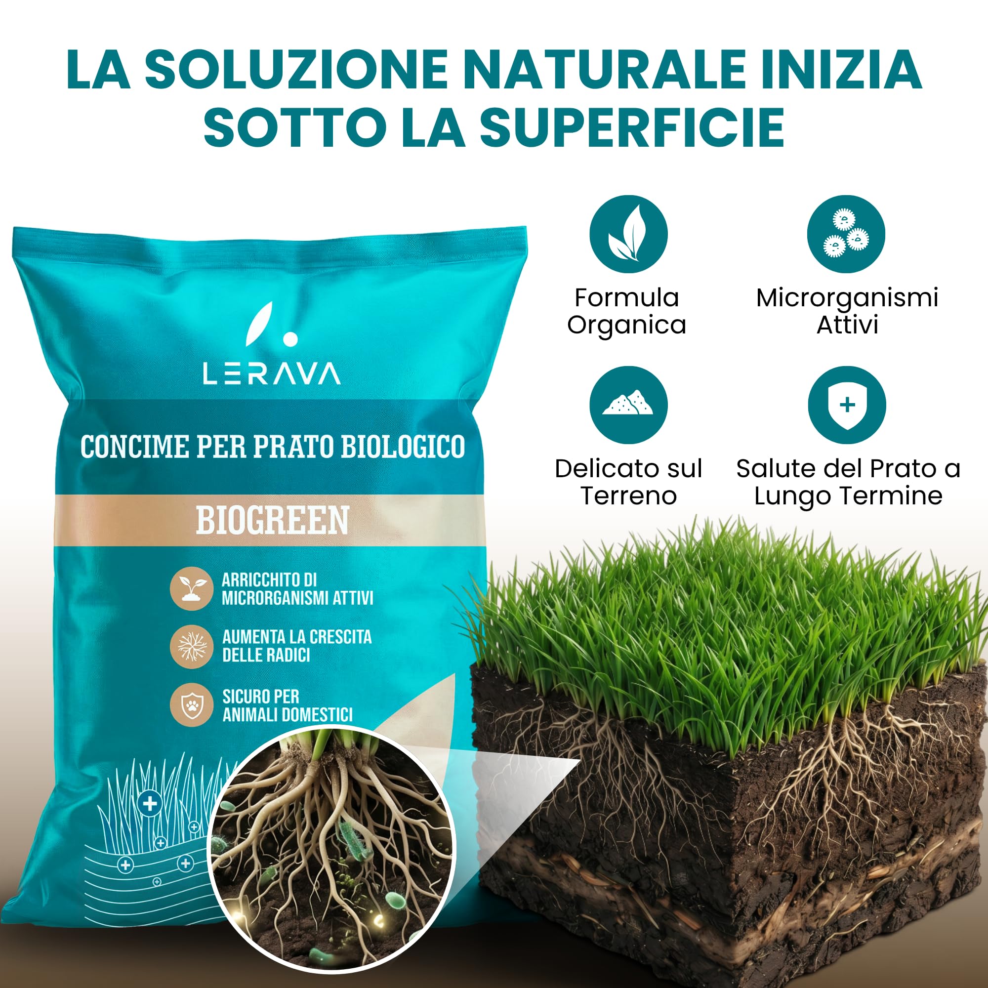 LERAVA BIOGREEN Concime per Prato Biologico (9 kg) - Fertilizzante Rinverdente Starter Granulare da Letame - con Microrganismi Attivi - Copre 225 m² - Sicuro per Animali Domestici