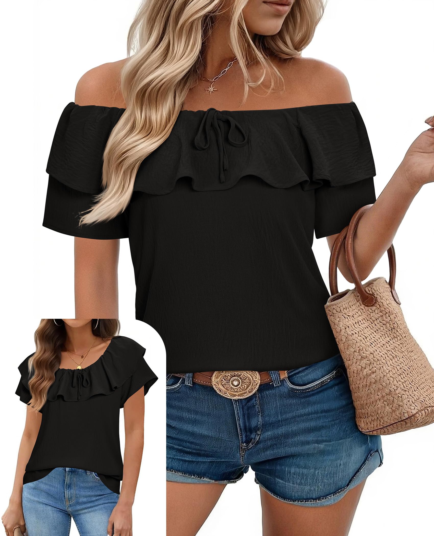 Off The Shoulder Tops for Women Boat Neck Blouses Casual Ruffle Short Sleeve Shirts Chiffon Summer Vacation Outfits