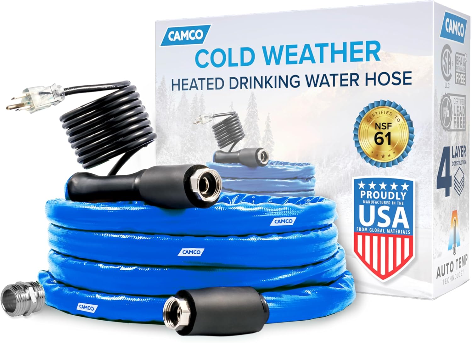 Camco 12-Foot Heated Drinking Water Hose | Features Water Line Freeze Protection Down to -20°F/-28°C & Energy-Saving Thermostat | Includes Adapter for Connection to Either End of Hose (22910)