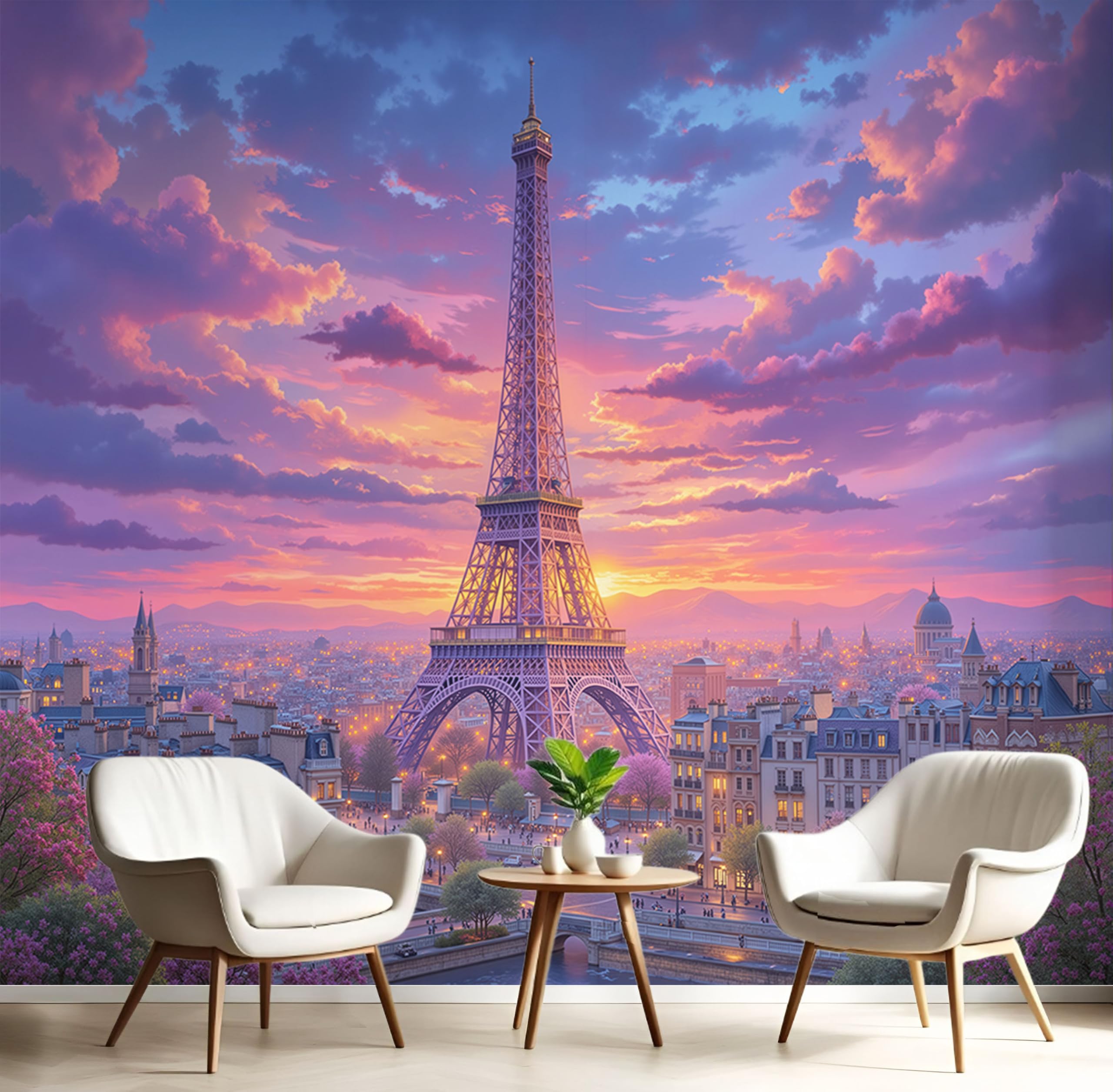 Papier peint panoramique Tour Eiffel Paris coucher de soleil violet 450x315cm