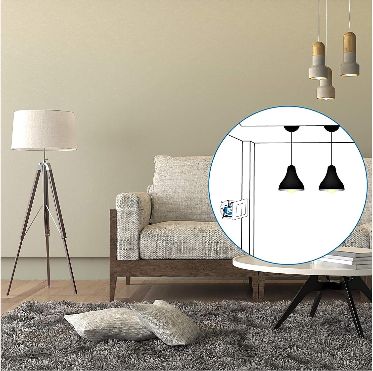 Диаграмма Qubino Flush 2 релесин көрсөтүп, шыптын жарыктарын башкарып турган дубалдын артына орнотулган