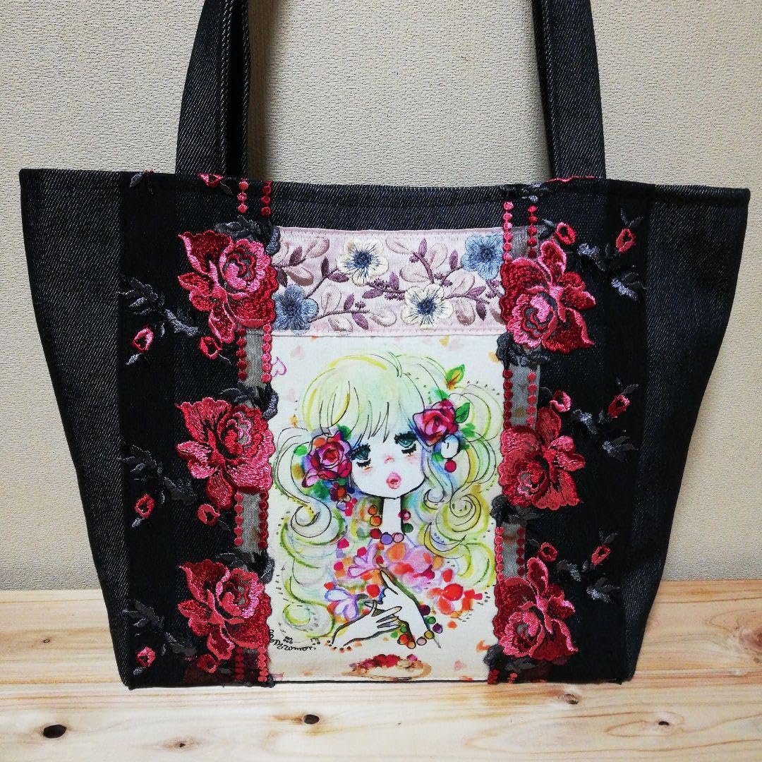 Amazon.co.jp: ハンドメイドトートバッグ赤い薔薇刺繍女のコ肩掛け  