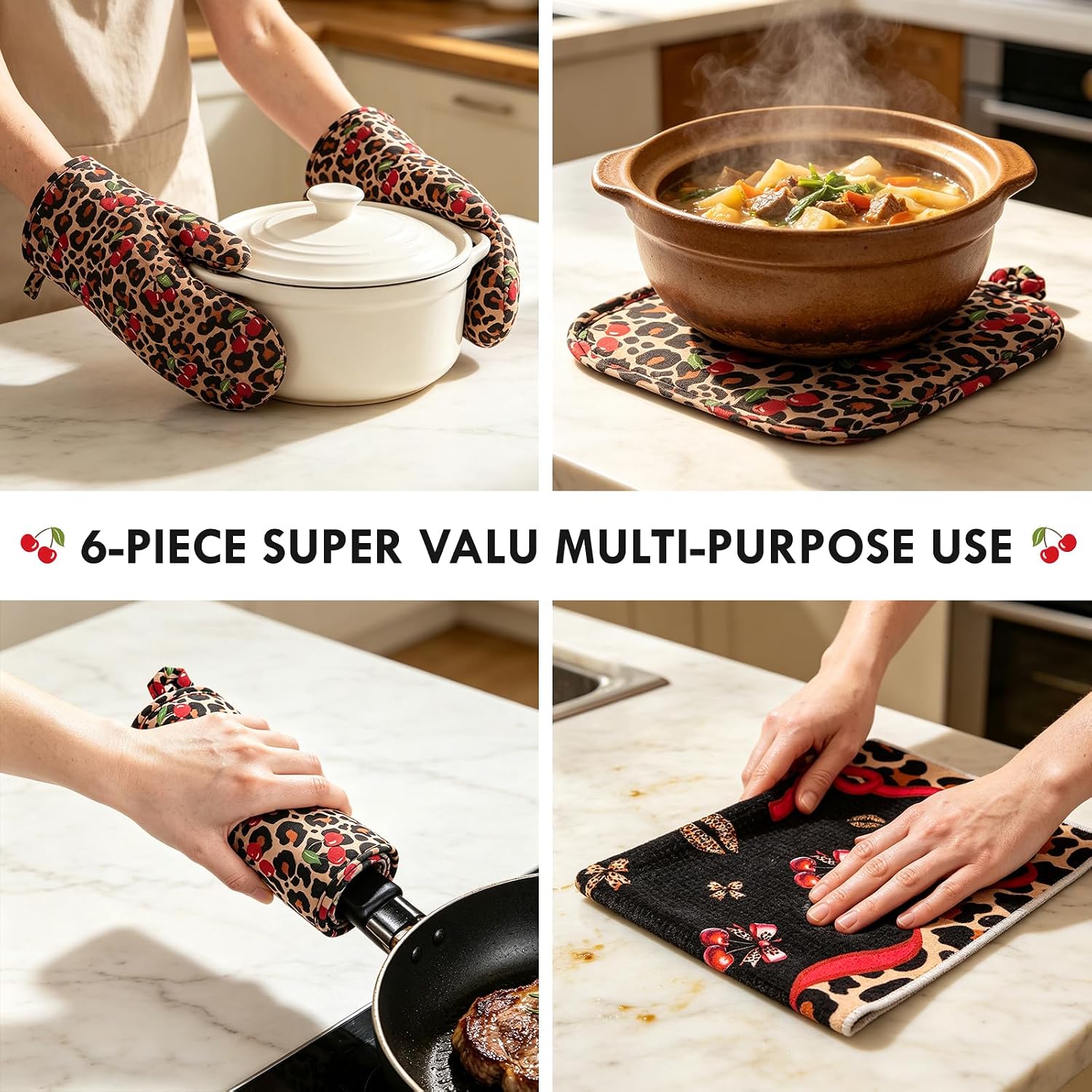 6-Piece Cheetah Cherry Oven Mitts and Pot Holders Set for Cooking