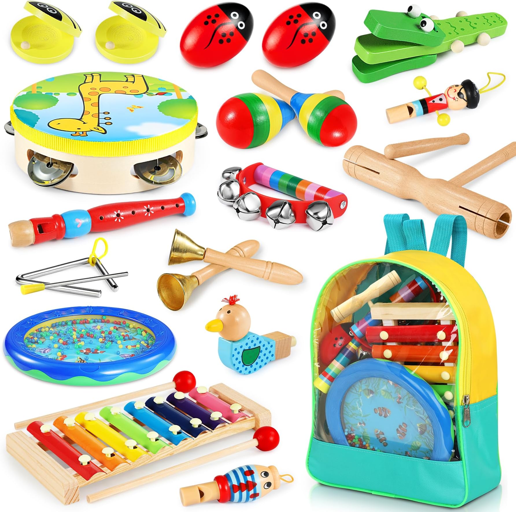 Toddler Musical Instruments - 24PCS Baby Musical Instrument - Kids Wooden Percussion Musical Instruments Toys with Tambourine Xylophone - Musical Sensory Instruments Toys for 3 4 5 Year Old
