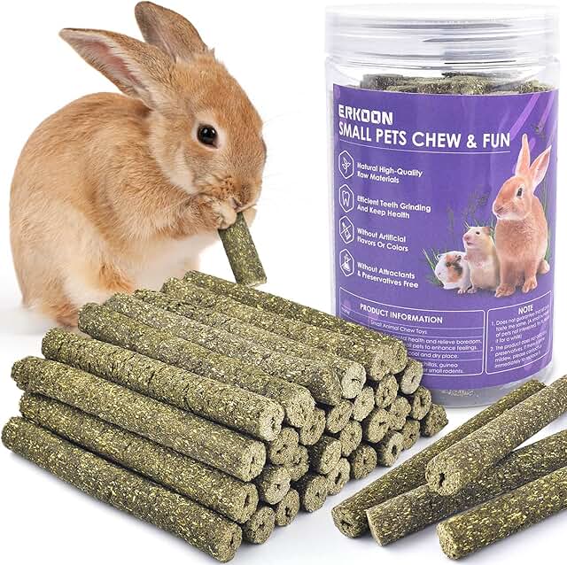 ERKOON 38 Stück Timothy Heu Sticks, Kaninchen Kauspielzeug Spielzeug Meerschweinchen Futter Hamster Kausnacks für Zähne für Kaninchen, Meerschweinchen, Hamster, Chinchilla, Rüben Häschen Leckerli product image