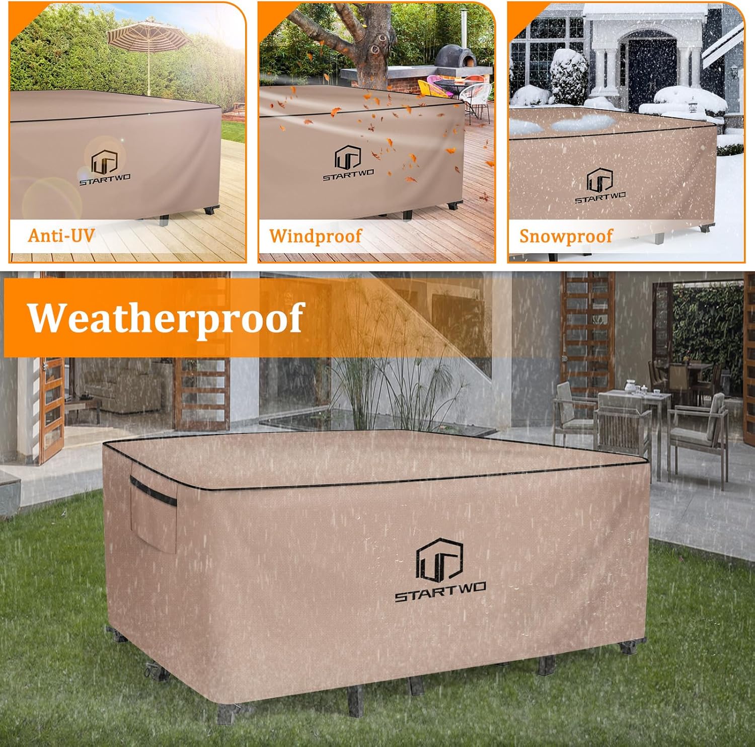 STARTWO Outdoor Furniture Covers Waterproof,Sofa,Table and Chairs General Purpose Patio Furniture Covers with Elastic Hem and Air Vents 111L x 74W x 28H inch（Brown)