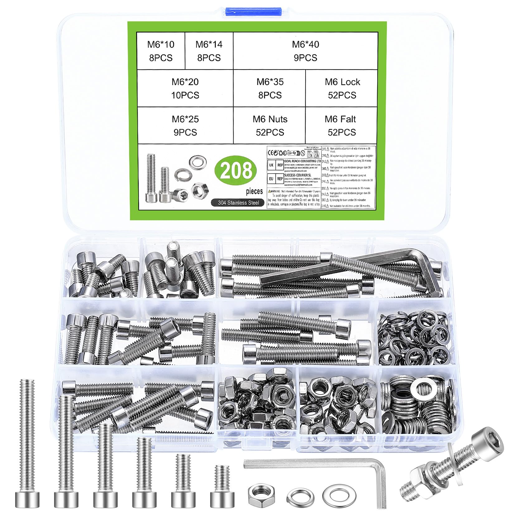 208 Pcs M6 Bolts and Nuts Set, Stainless Steel Nuts and Bolts Assortment, Hex Socket Head Cap Screws Set