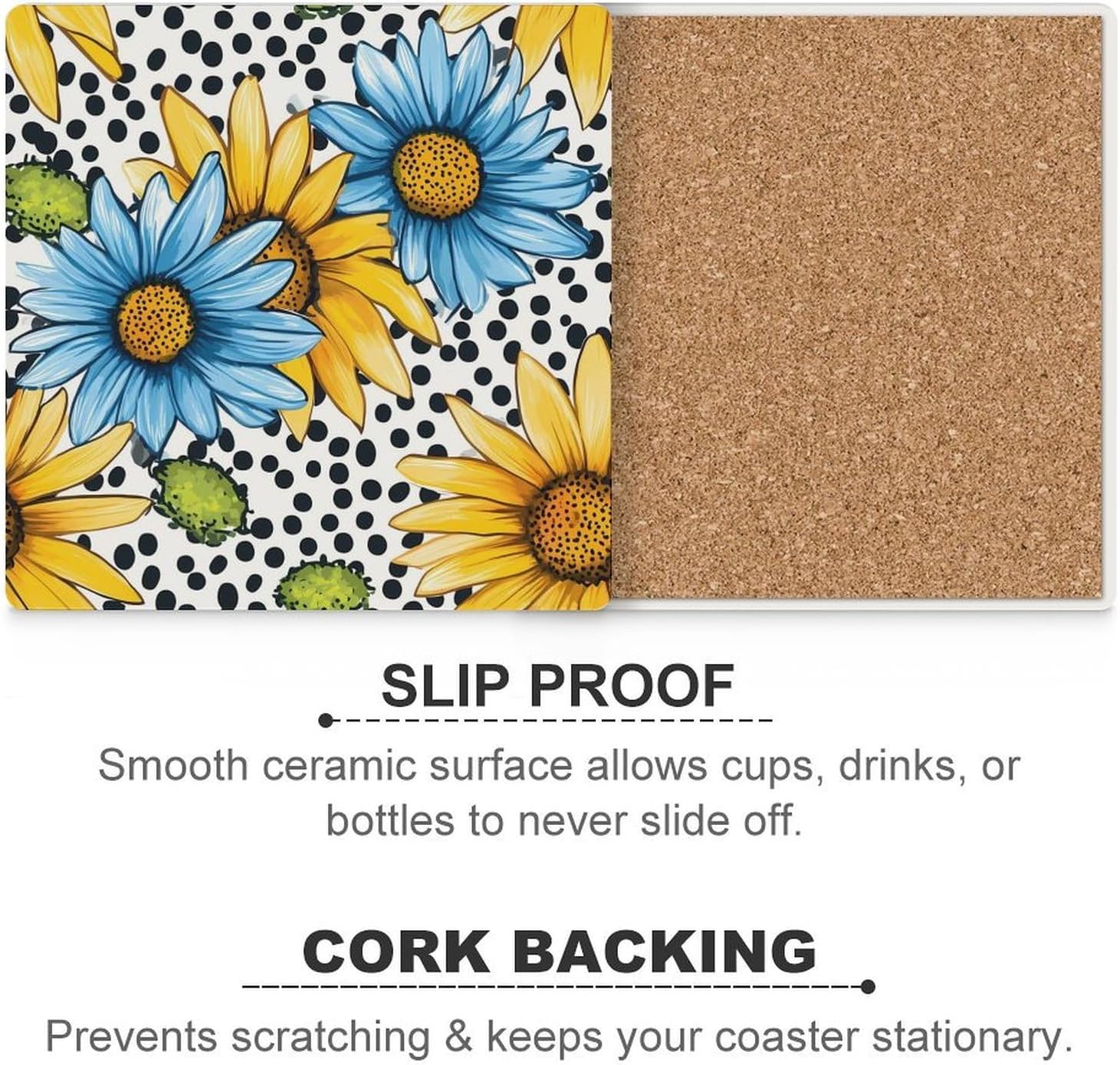 Sunflower Black White Spotted Coasters for Drinks Square Table Coasters Set Cup Mats with Cork Base