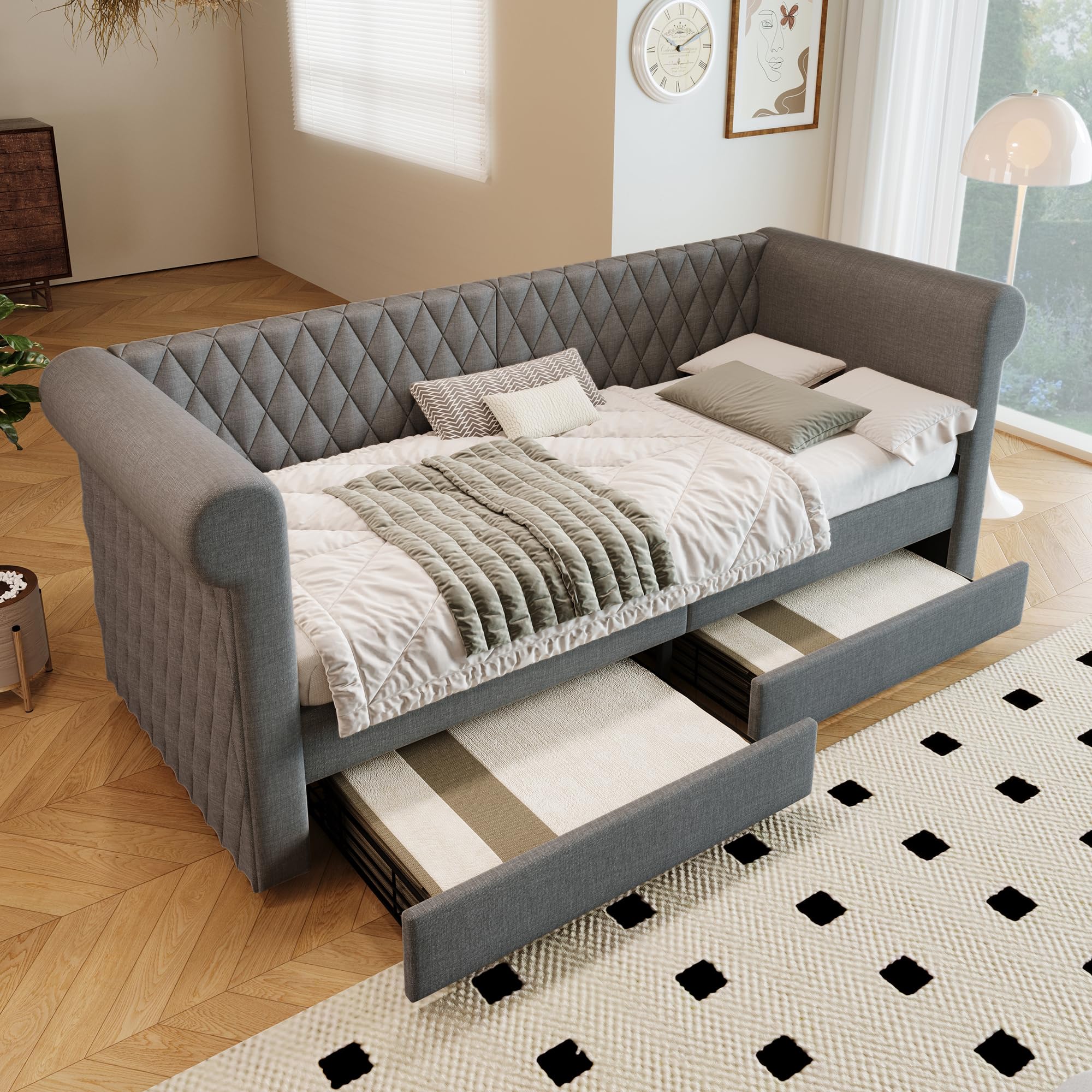 Soweiz Testiera vintage letto imbottito divano letto, divano letto letto singolo con 2 cassetti portaoggetti, letto per bambini letto per giovani telaio del letto con rete a doghe in legno, lino