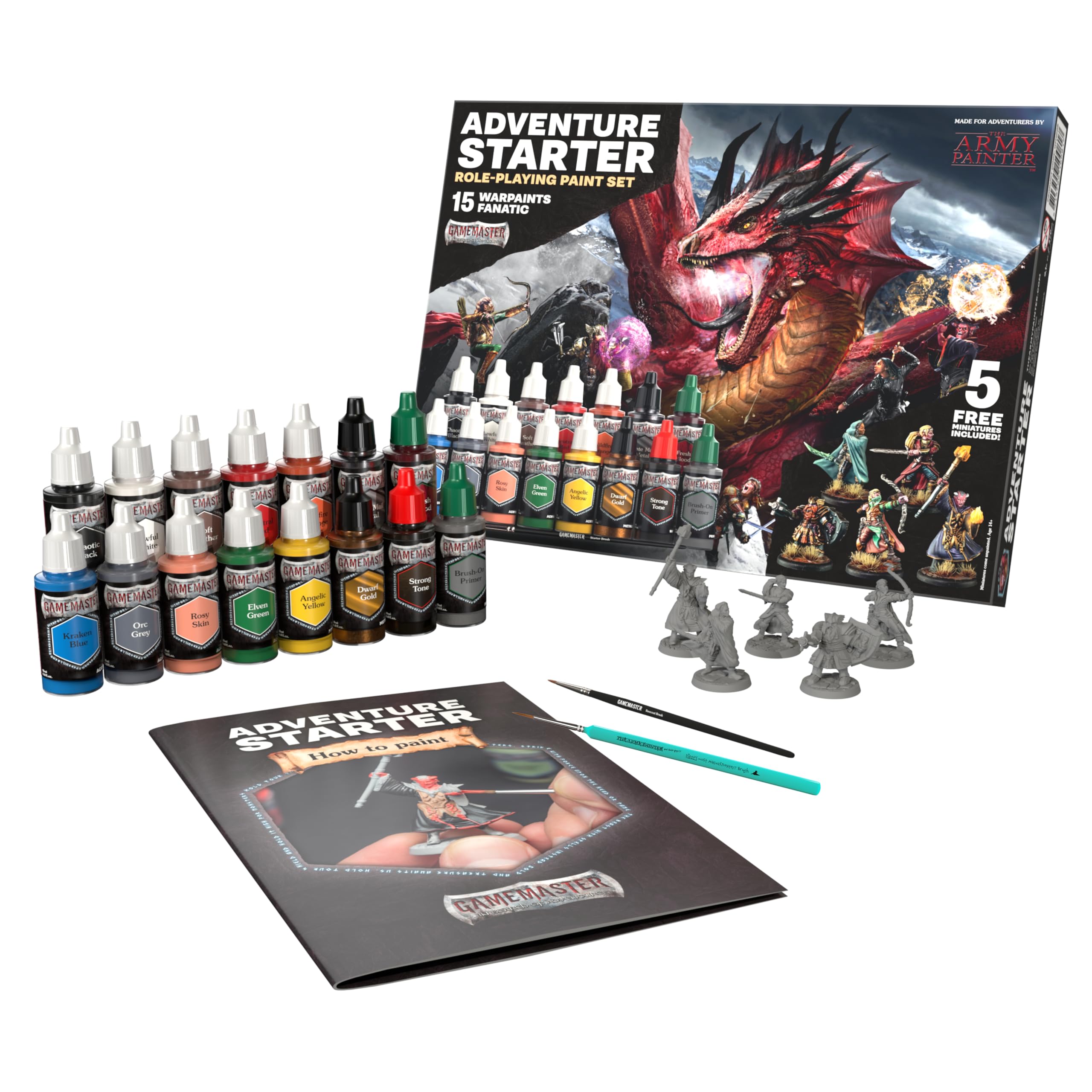 The Army Painter, GameMaster Adventure Starter Set Combo, 15 x 18 ml | Acrilici Warpaints Fanatic, incl. 1 primer a pennello, 5 miniature e 2 pennelli