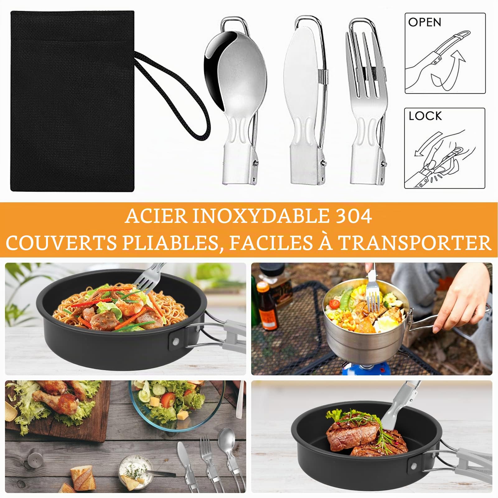 Casserole Camping Kit, Durable Popote Bivouac en Alliage D'alu, Cuisine de Camping Légère avec Mini Réchaud de Camping, Bouilloire, Vaisselle pour 1-2 Personnes Camping, Randonnée, Pêche