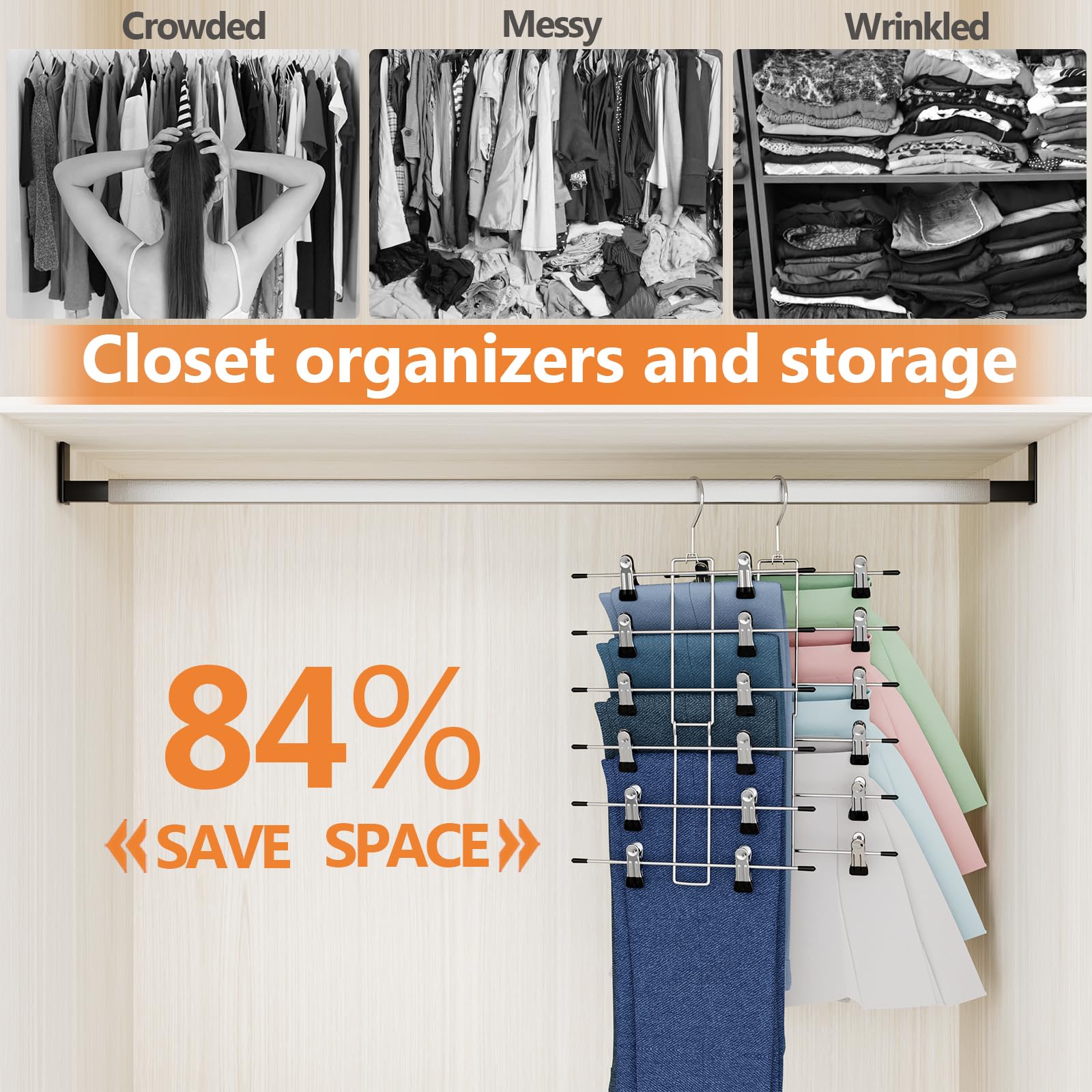 Organizadores y almacenamiento de armario, 6 niveles, perchas para faldas y pantalones, ahorro de espacio, organización y almacenamiento duradero para perchas de ropa, perchas para faldas con clips,