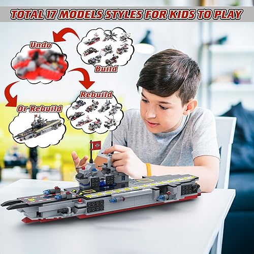 Miniatura 2 de 1630 Pieces Aircraft Carrier Building Blocks Set, 8 + 1 Military Battleship Building Toy Kit, 17 Models Construction Toys Warship Ship STEM for Boys